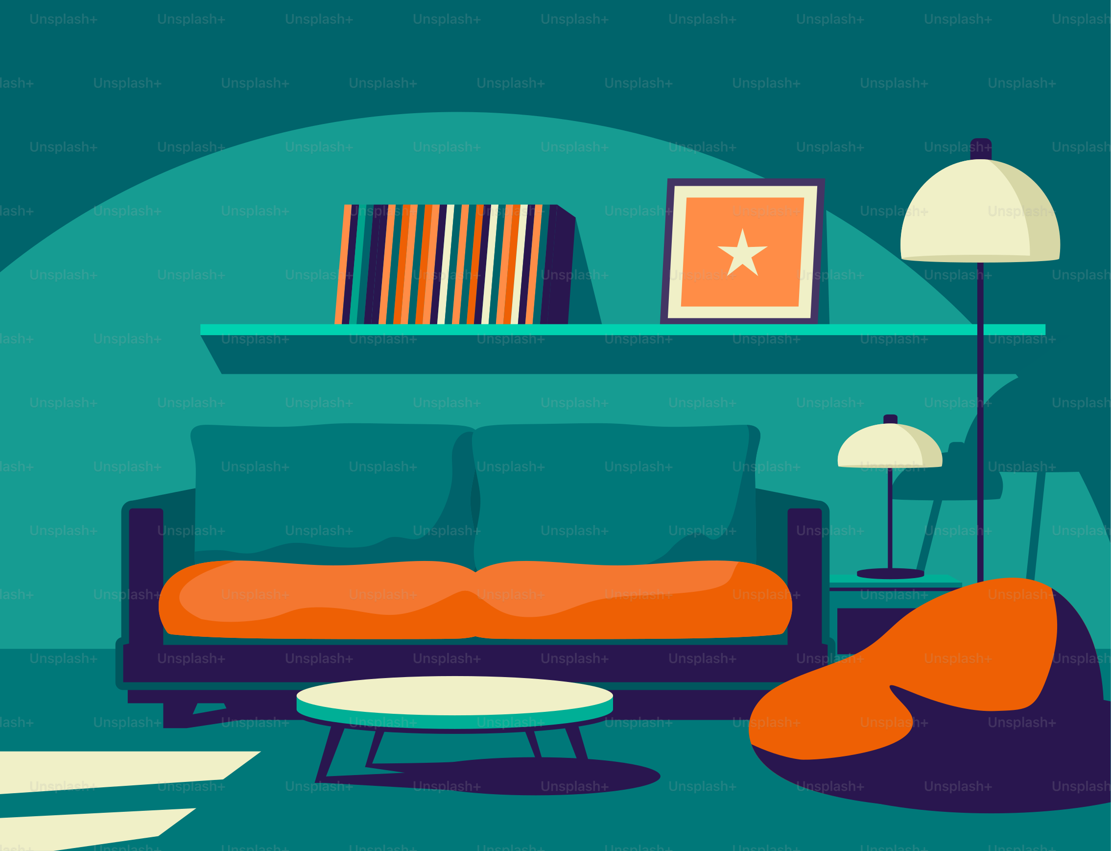 A living room with a couch and a table