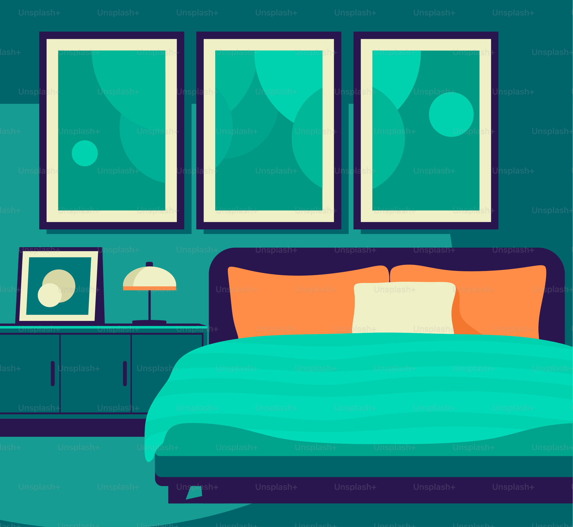 Une chambre avec un lit, une commode et des photos accrochées au mur