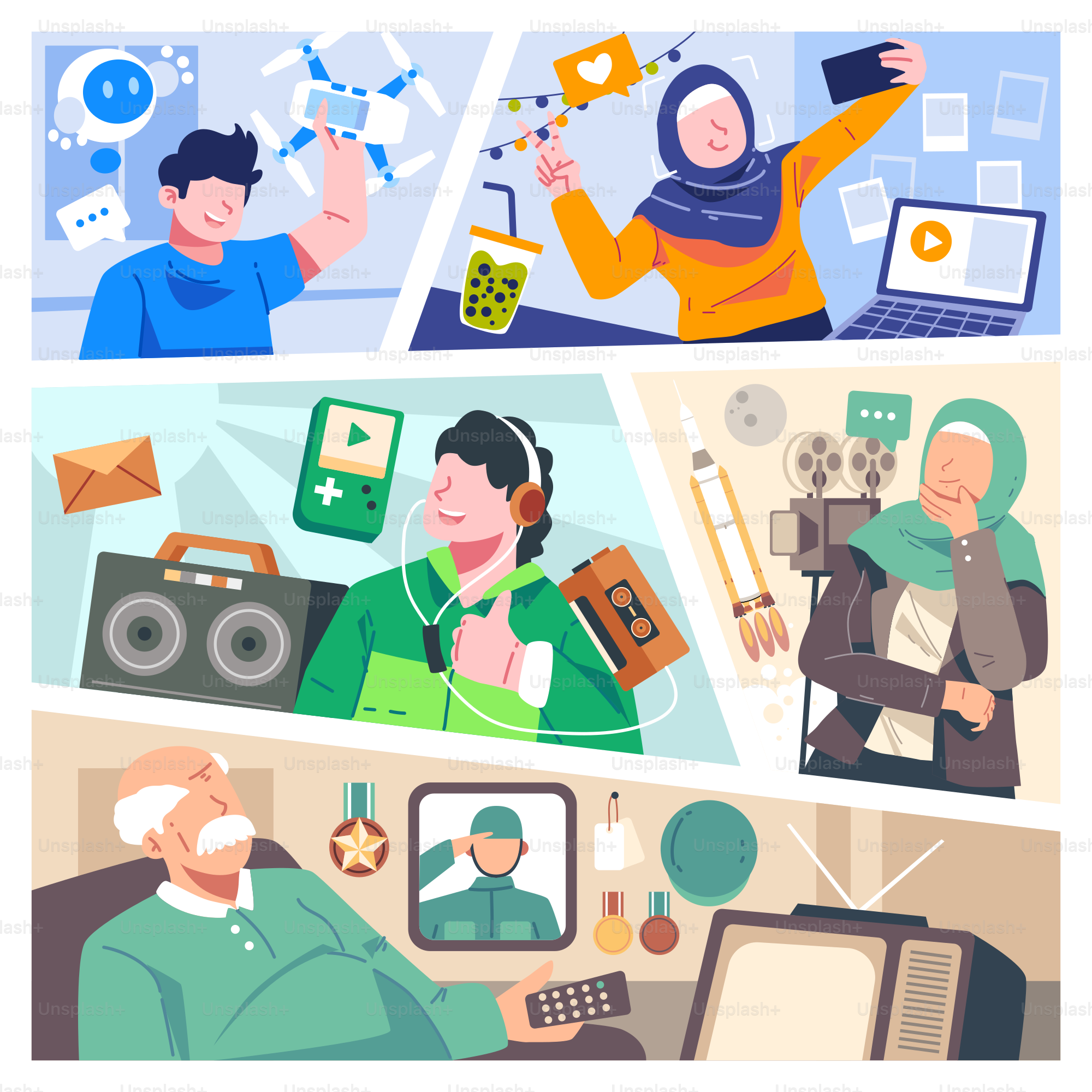 Uma série de ilustrações que retratam pessoas de maneiras diferentes