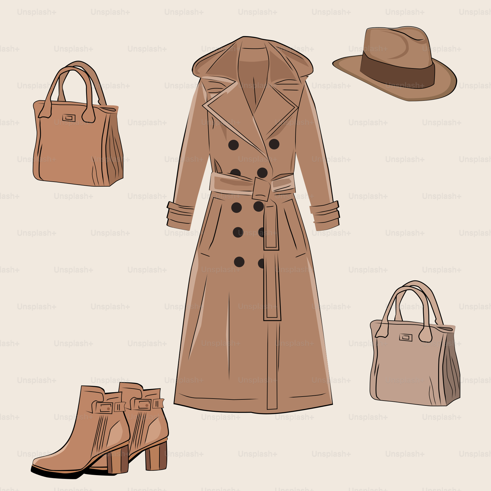 Un trench-coat, un chapeau et un sac à main pour femmes