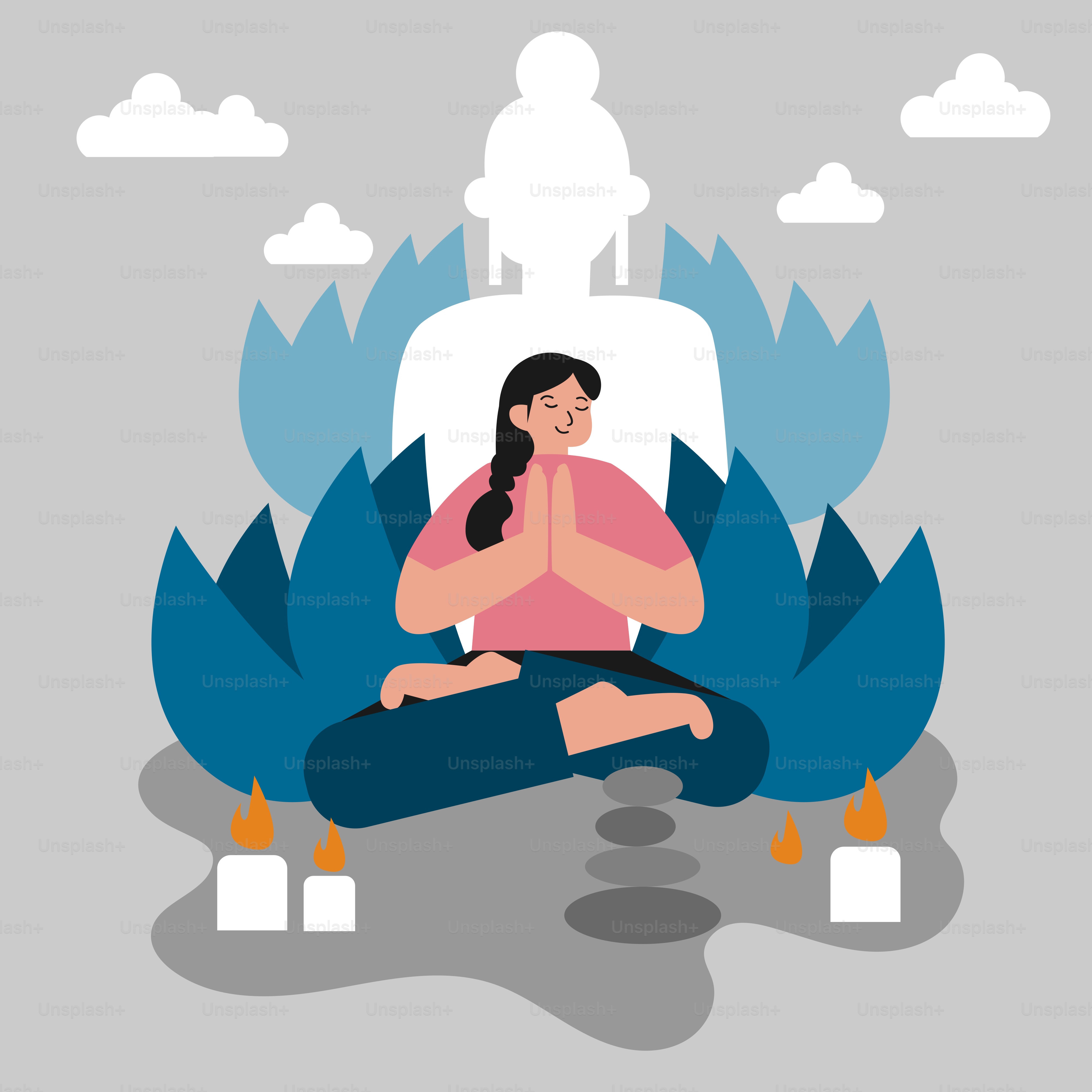 Uma mulher sentada em posição de lótus com velas ao redor dela