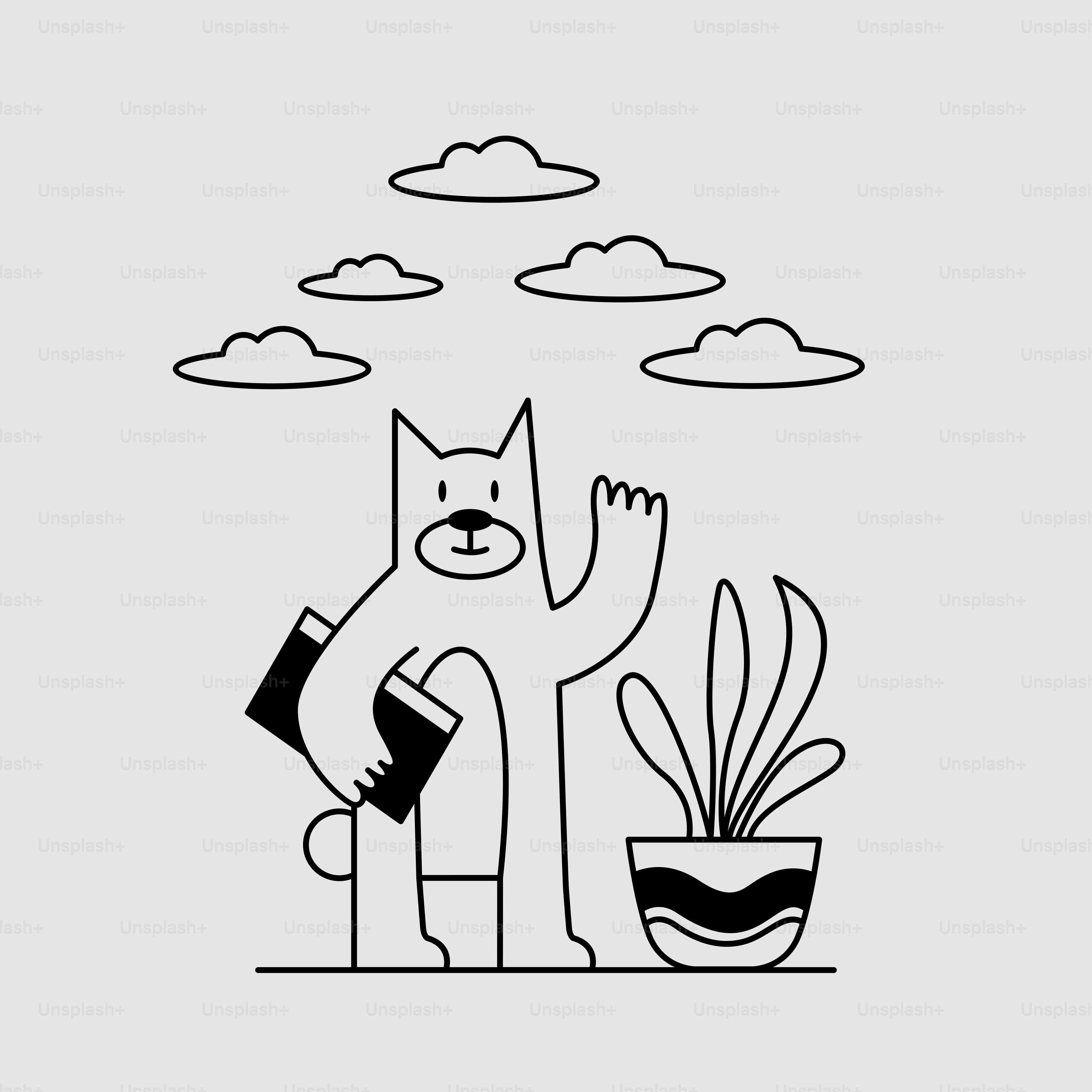 A black and white drawing of a dog holding a plant