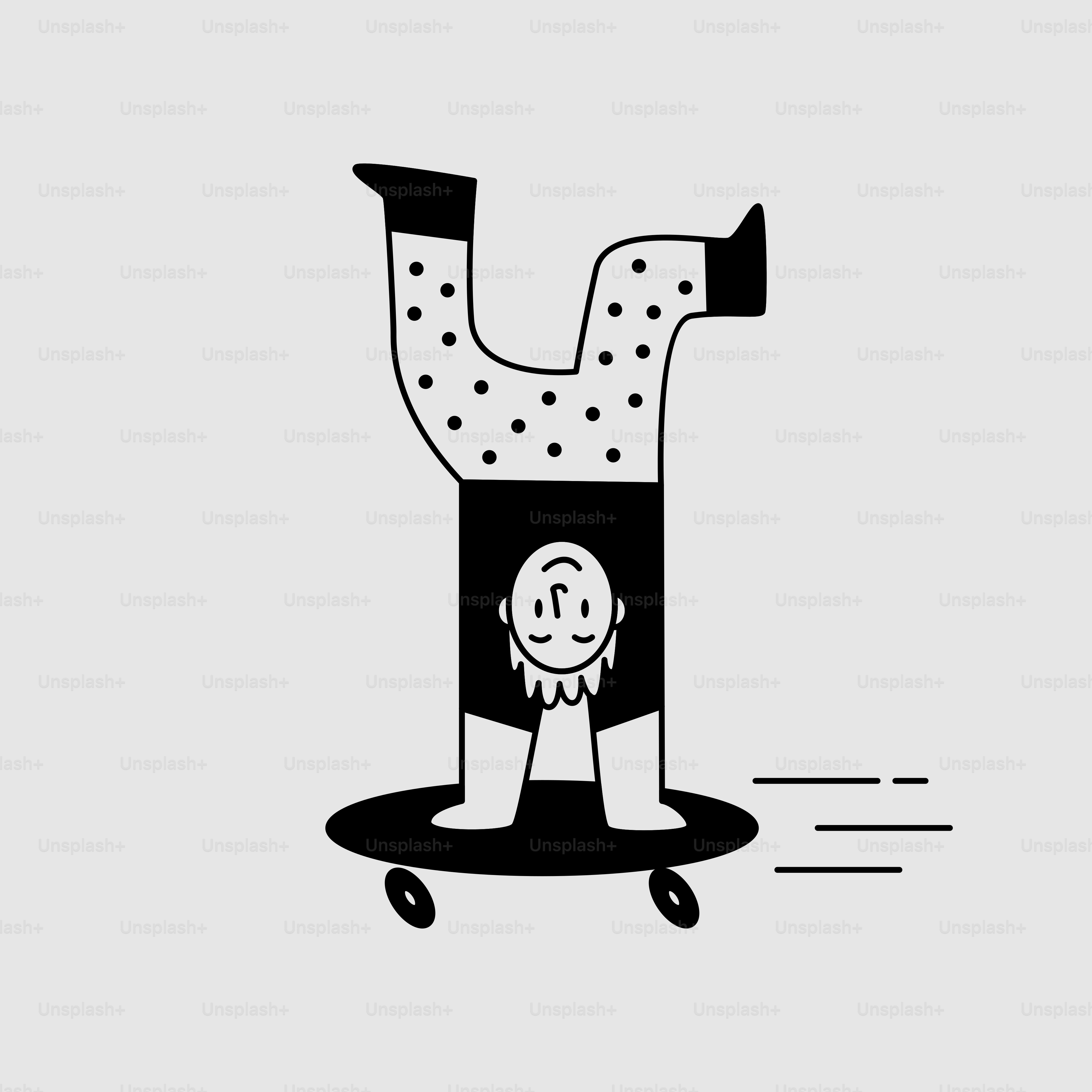 A black and white drawing of a person on a skateboard