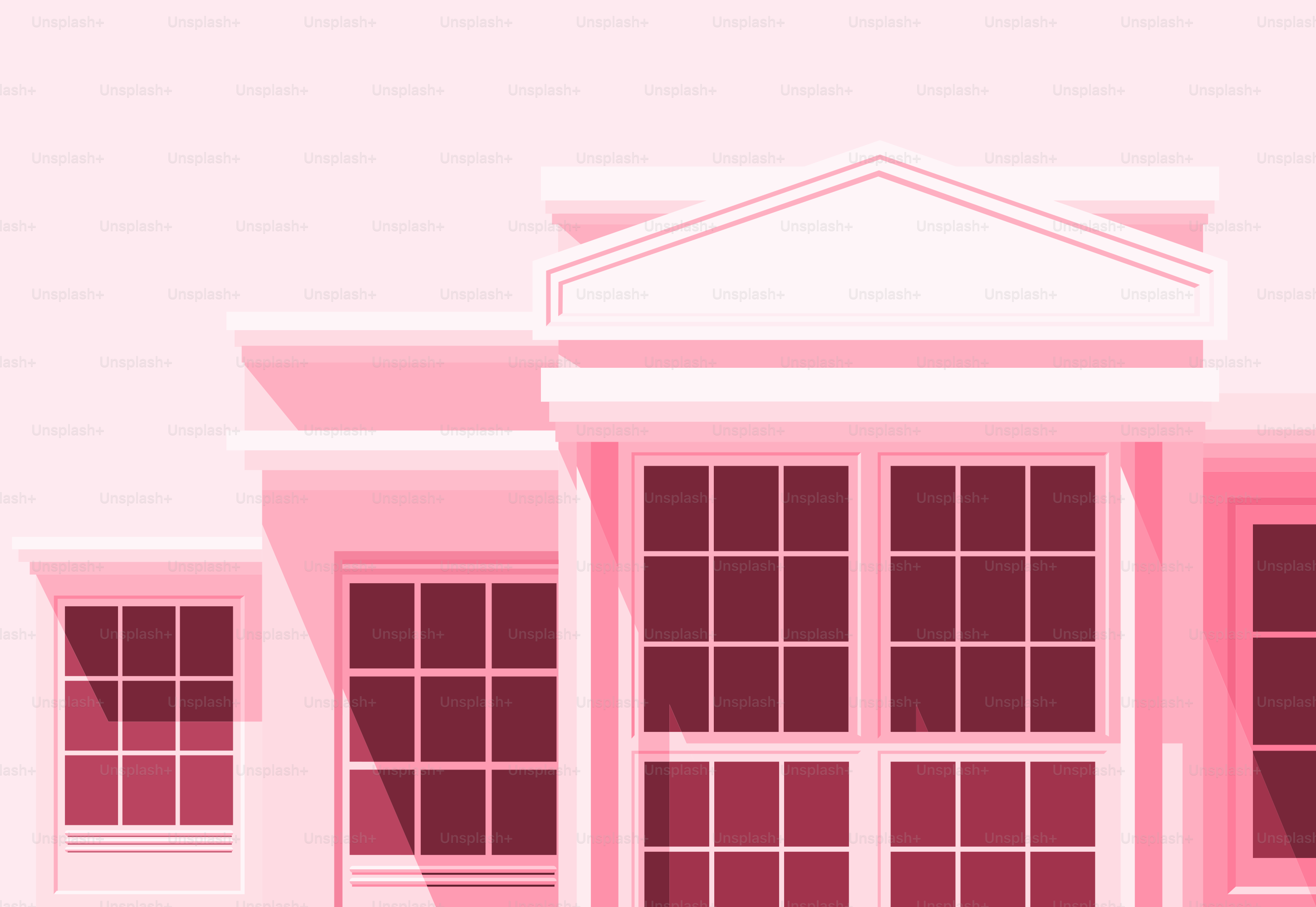 A pink building with three windows and a clock