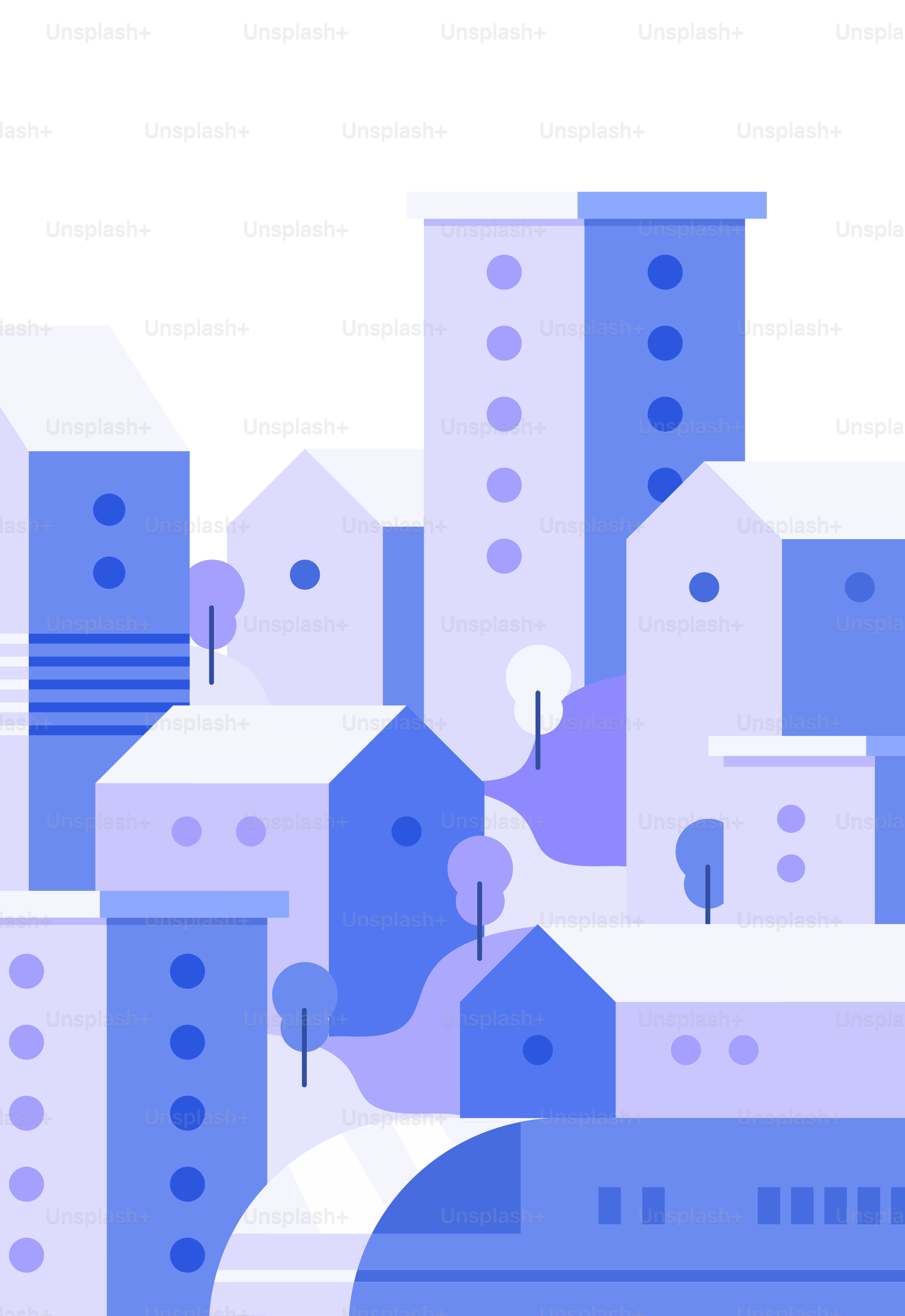 Una ciudad azul y blanca con edificios y árboles