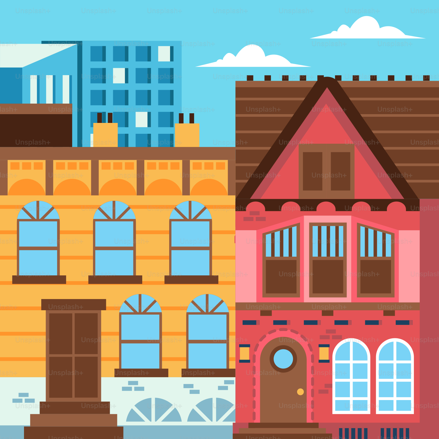 A row of buildings with a sky background