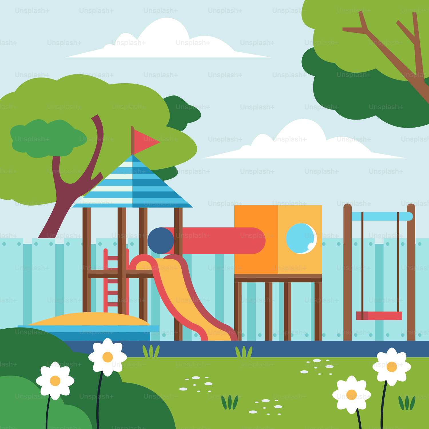 A playground with a slide and flowers in the foreground