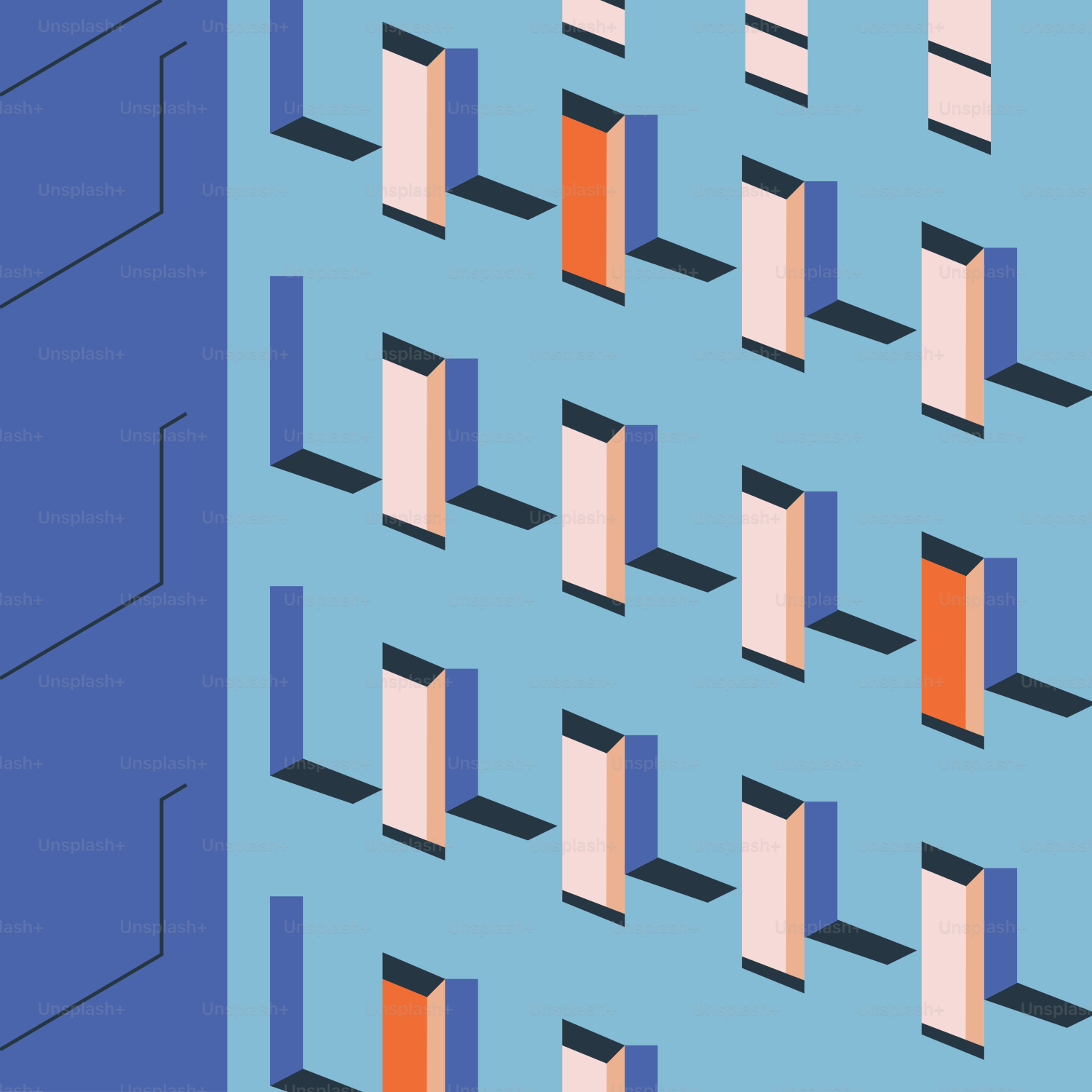 A blue building with orange and white windows