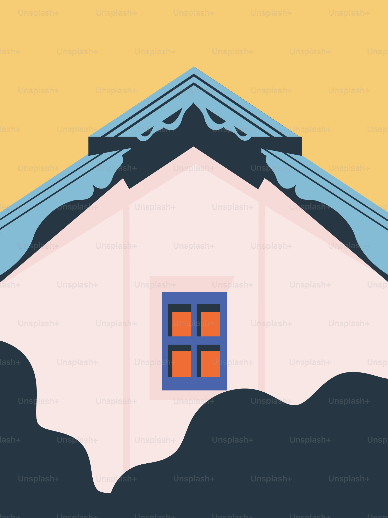 A house with a blue roof and a red window