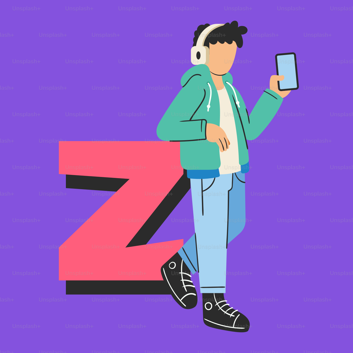 A man with headphones is holding a cell phone