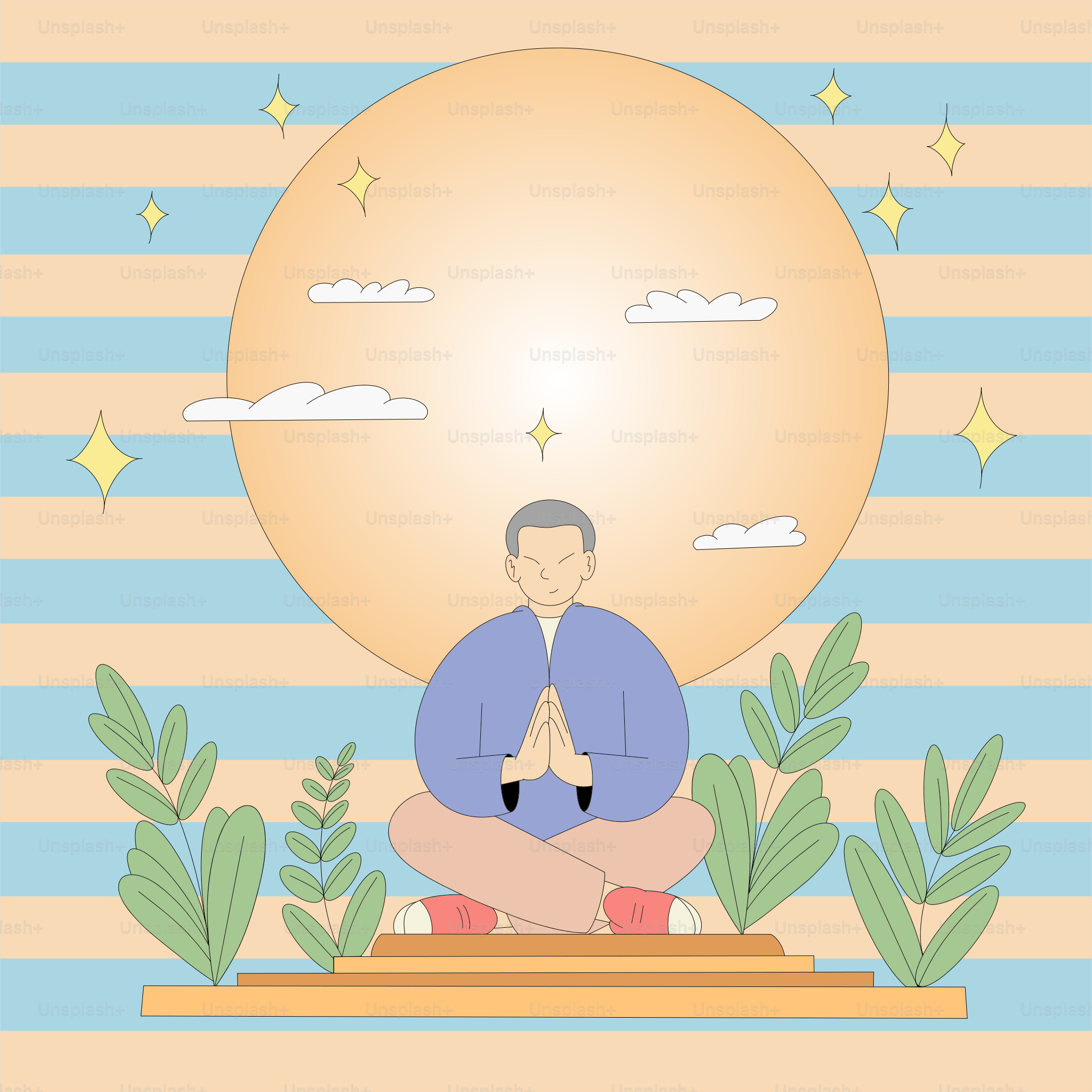 A man sitting in a lotus position in front of a sun