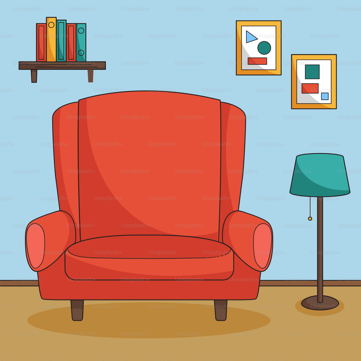 A living room with a red chair and a lamp