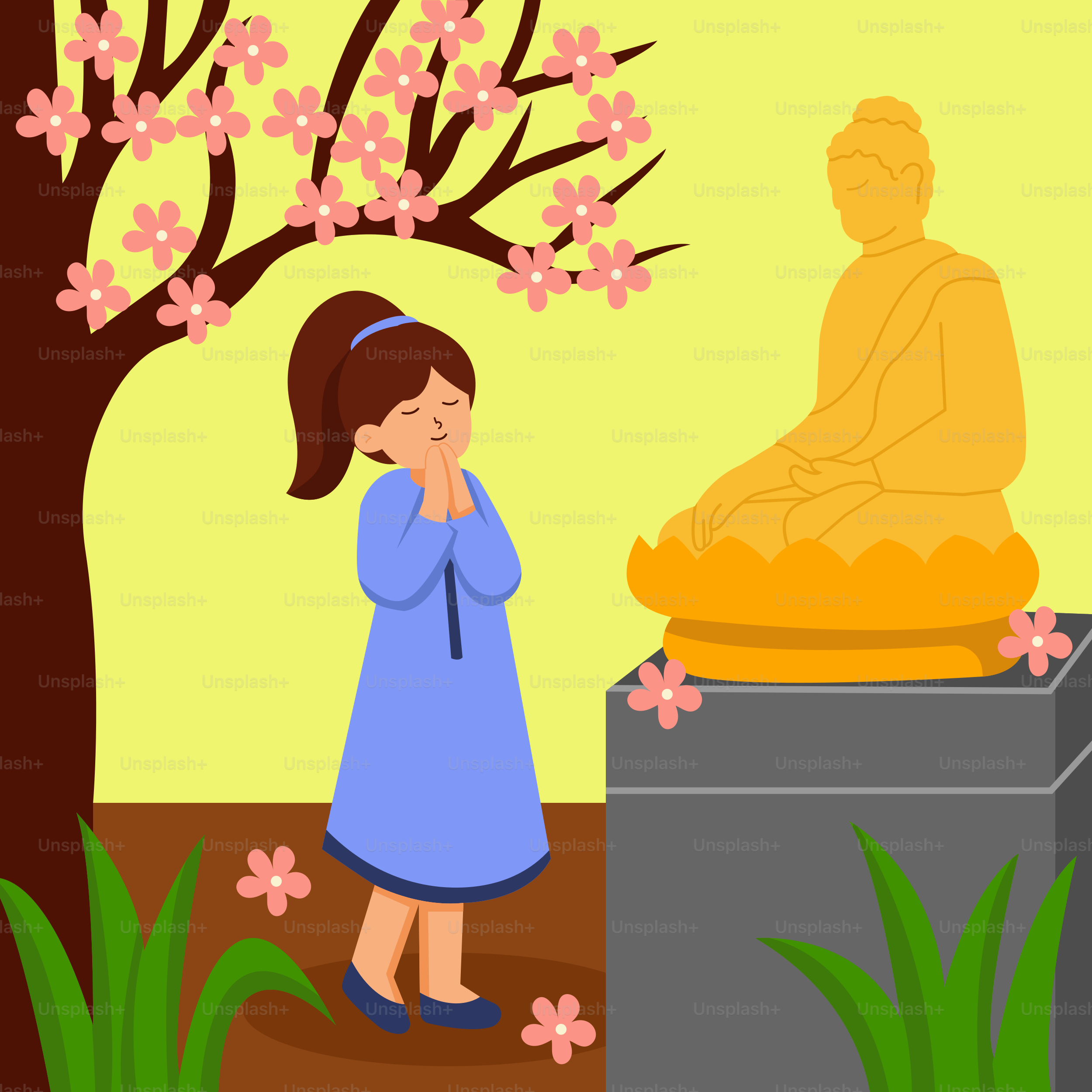 A little girl that is standing in front of a statue