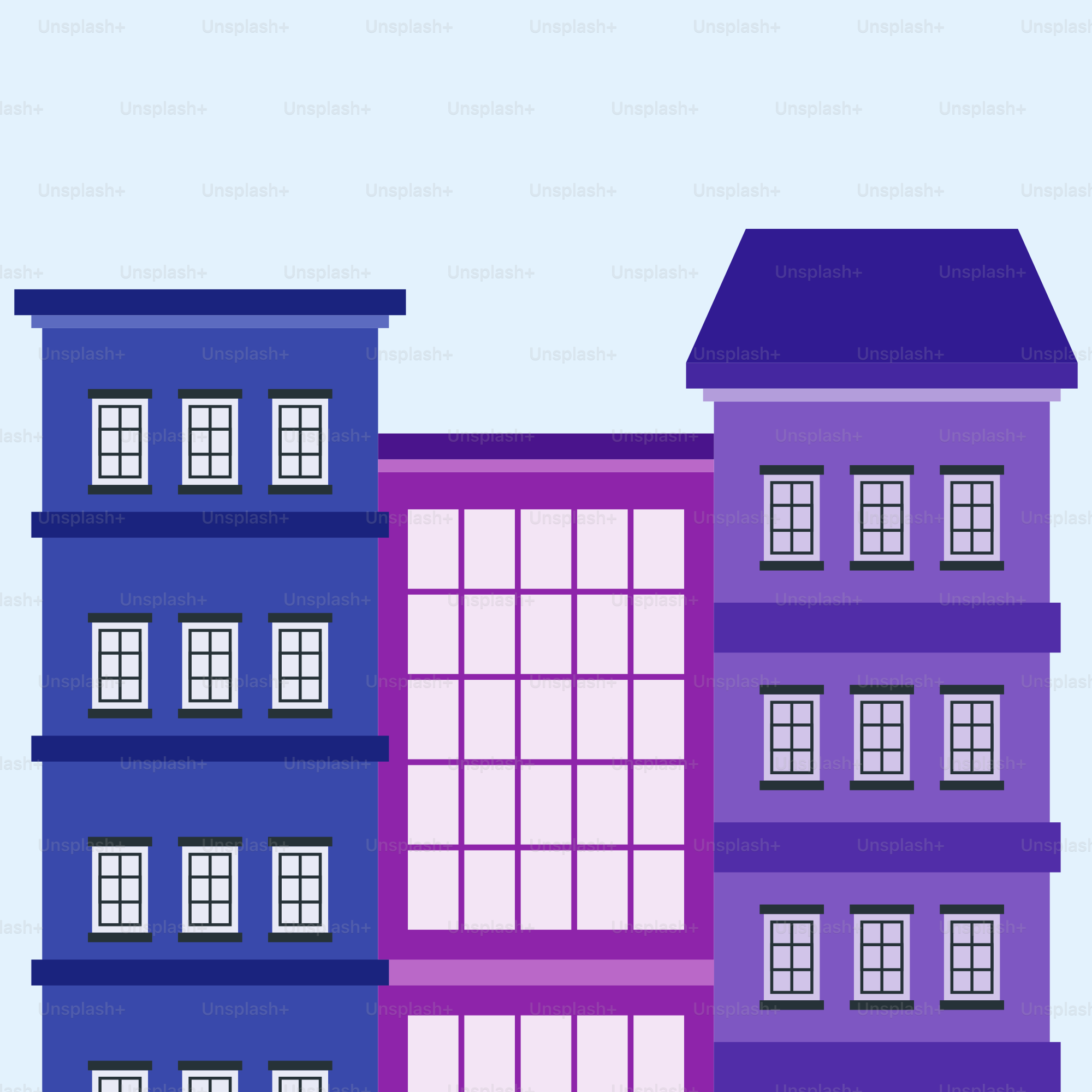 Un bâtiment violet et bleu avec des fenêtres