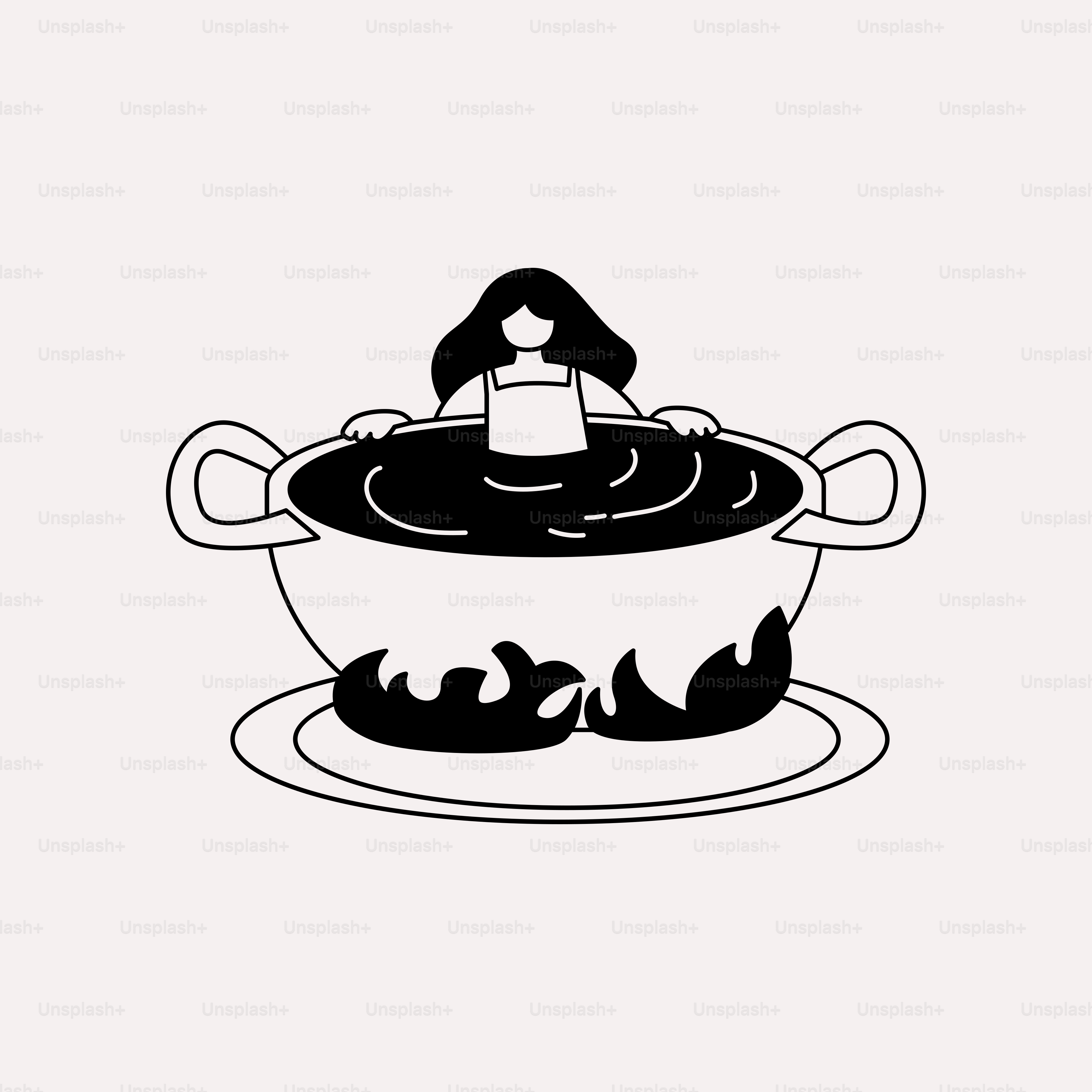 A black and white drawing of a teapot with a woman in it