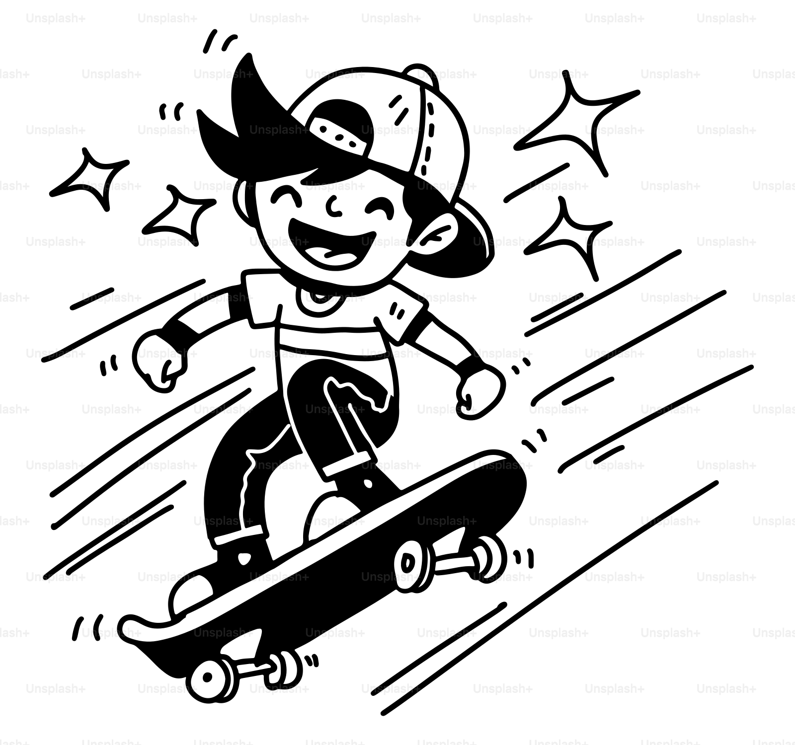 A black and white drawing of a boy on a skateboard