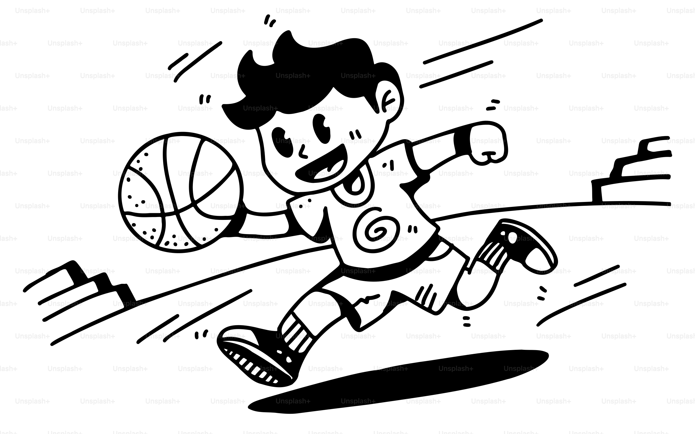 A black and white drawing of a boy playing basketball