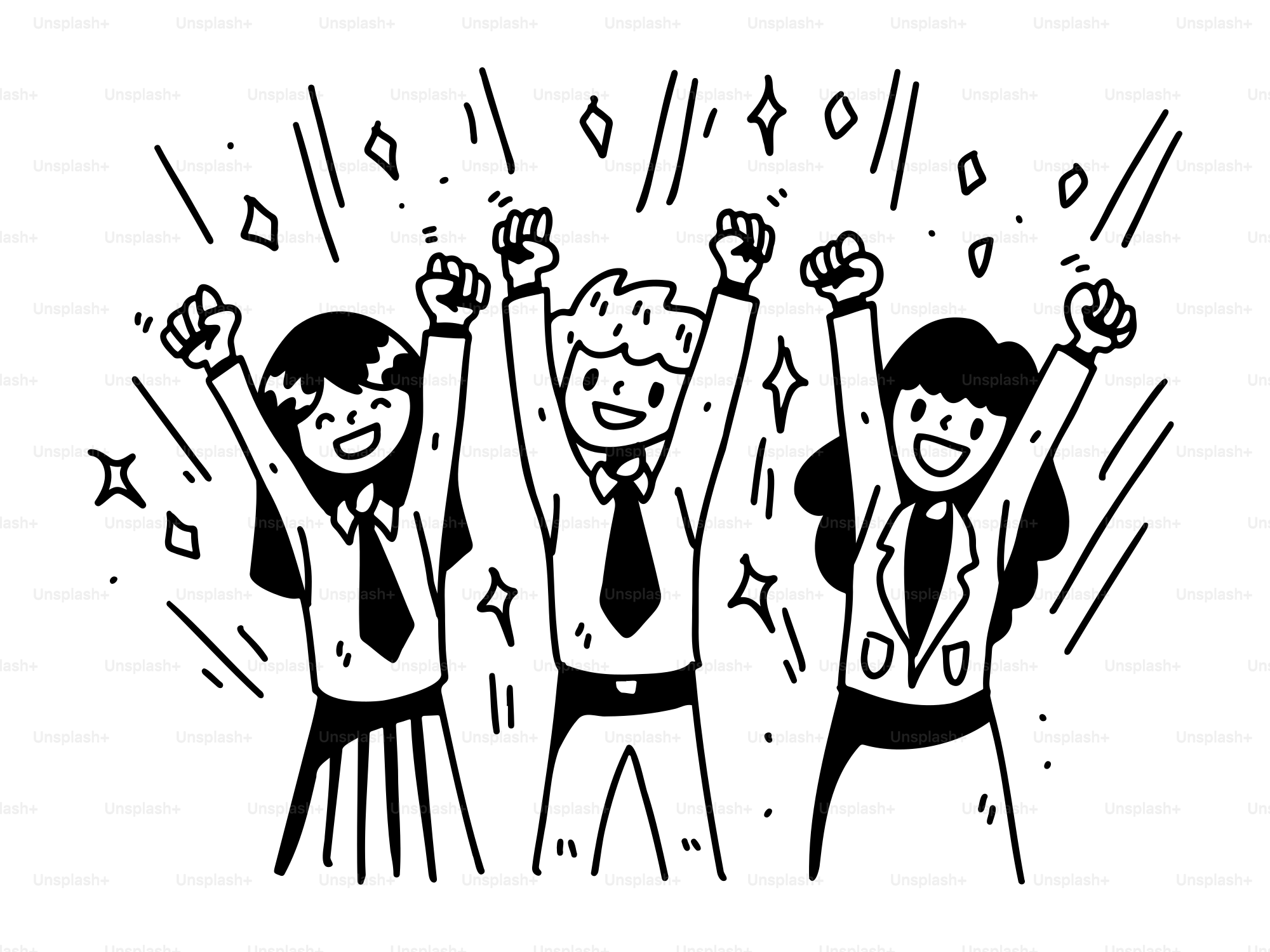 A black and white drawing of three people raising their hands