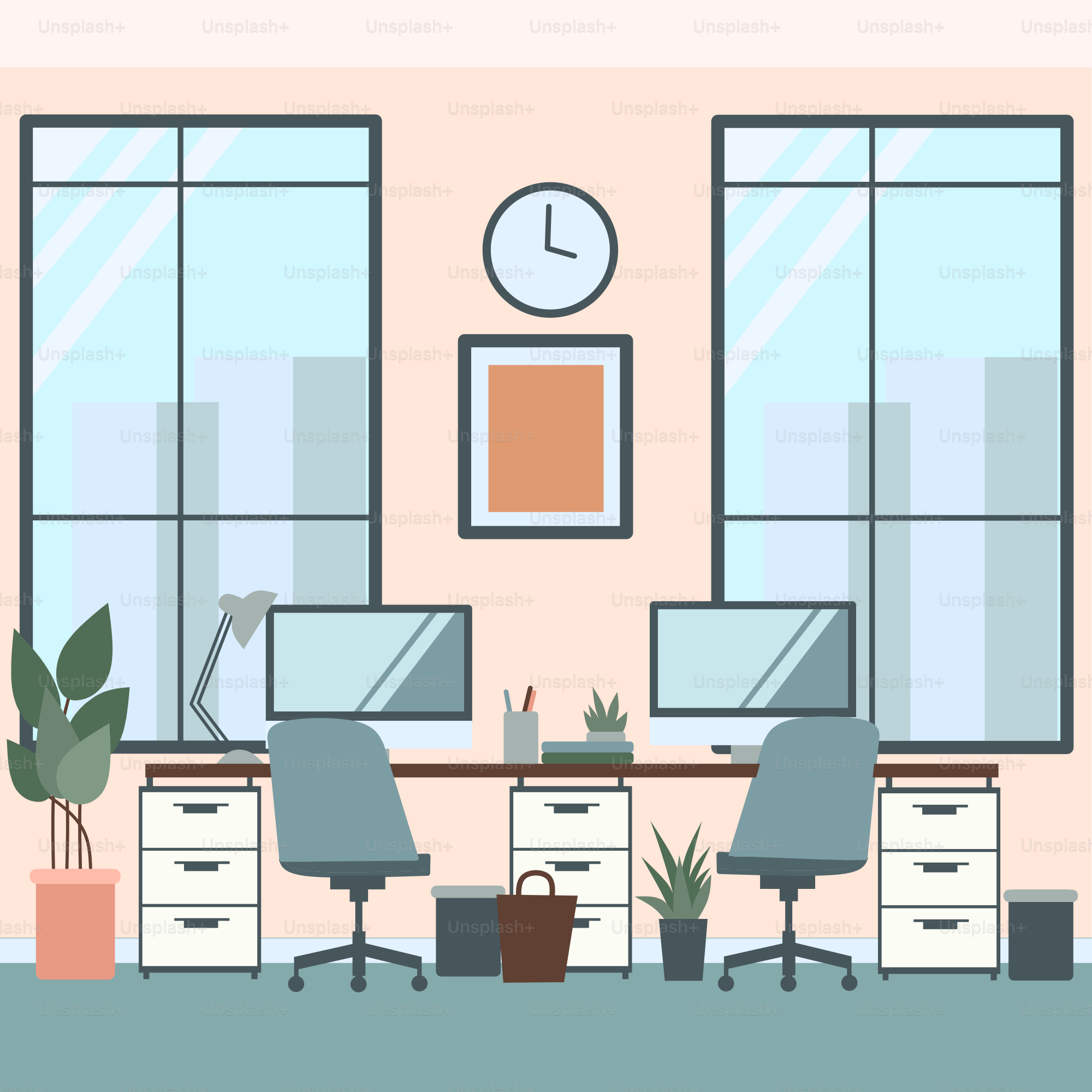 A room with two desks and a clock on the wall