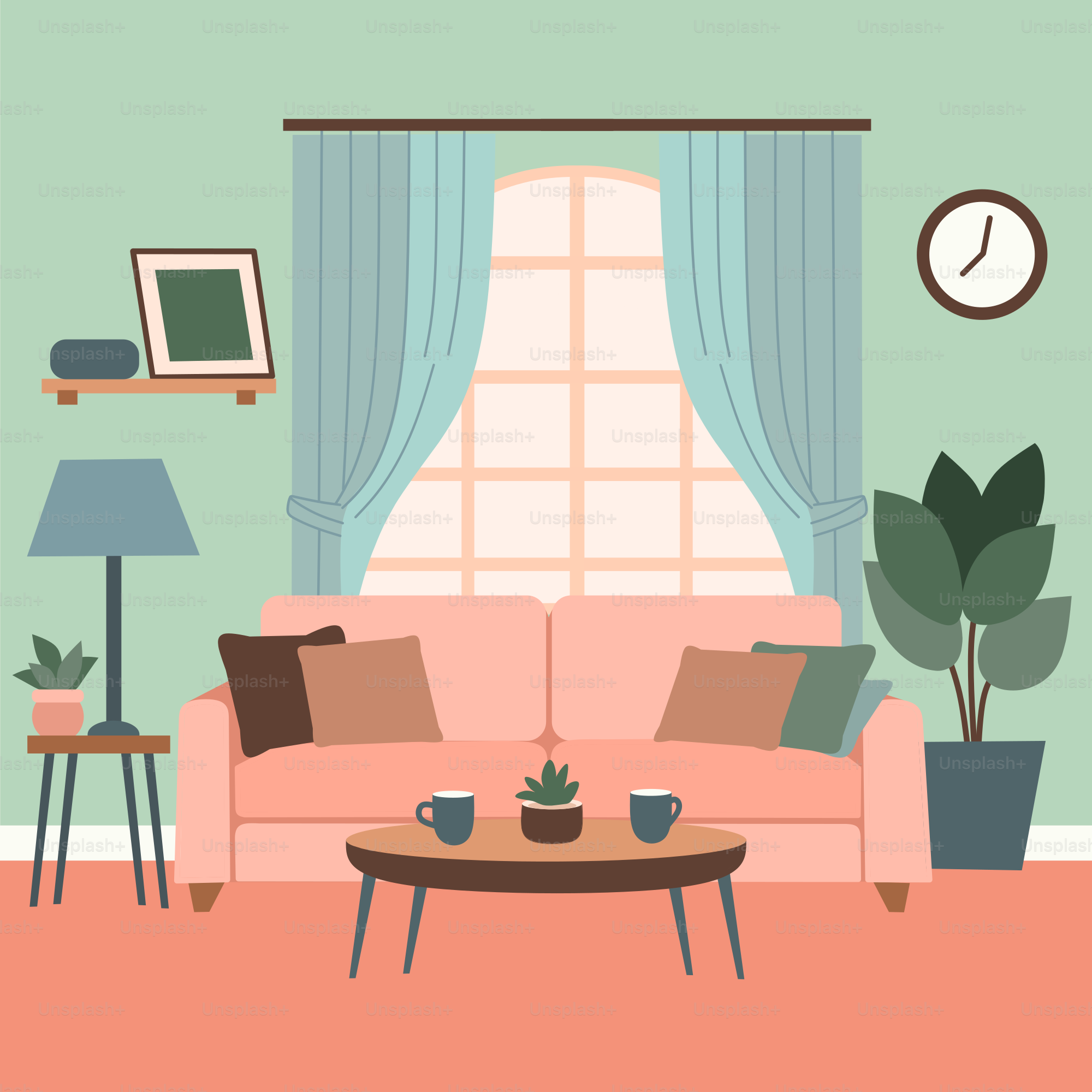A living room filled with furniture and a clock on the wall