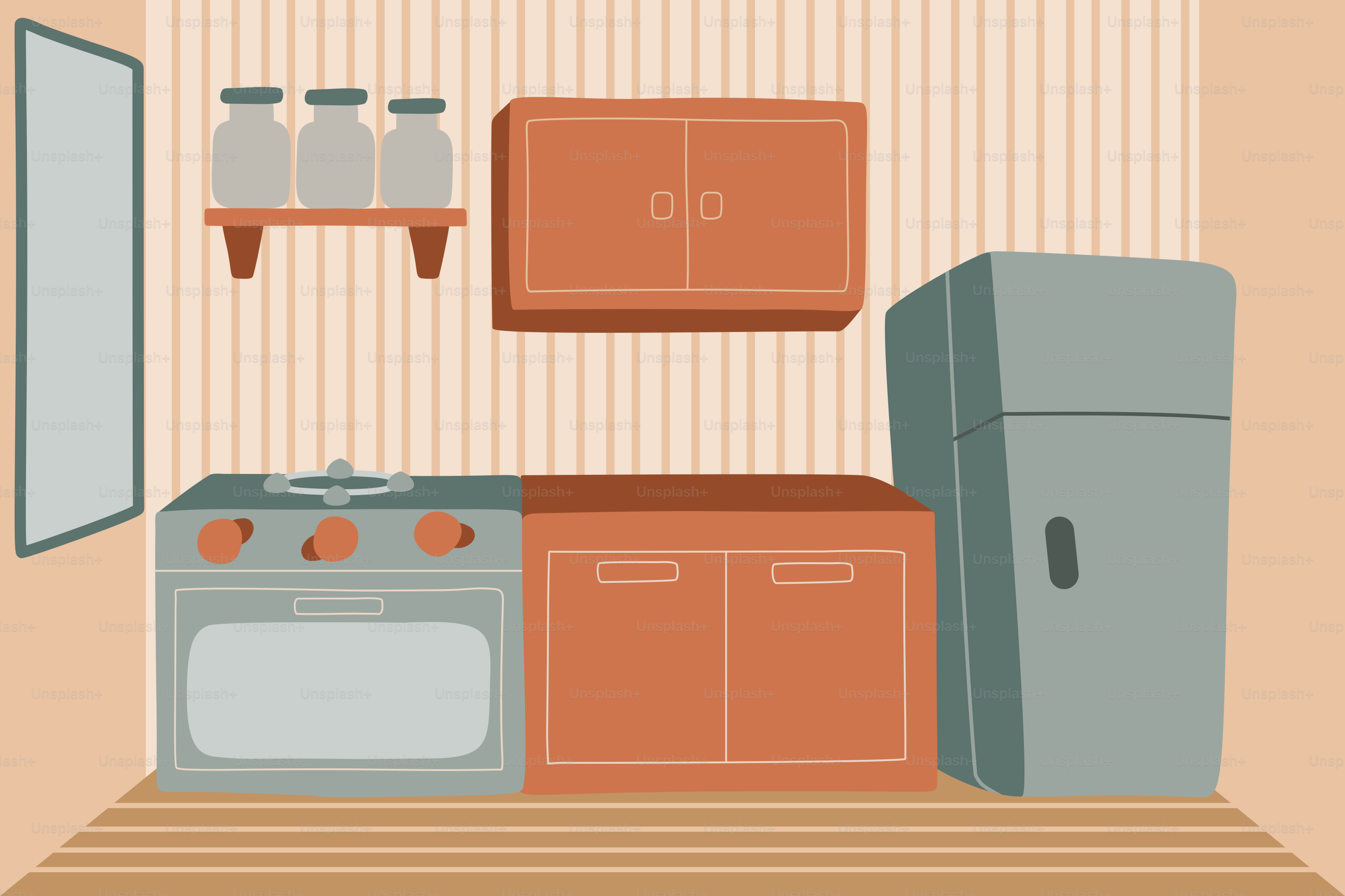 A kitchen with a refrigerator and a stove