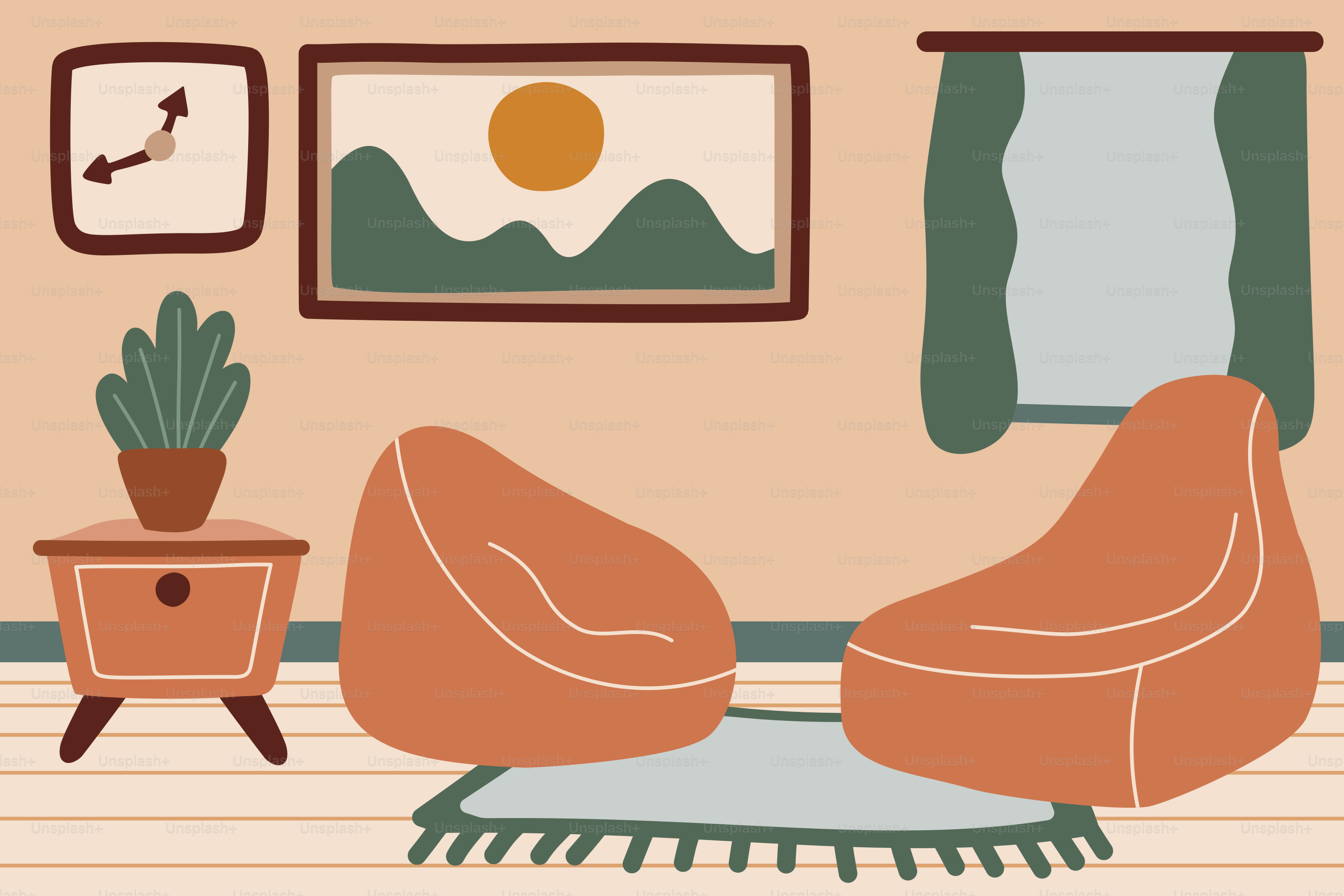 A drawing of a living room with a couch and a chair