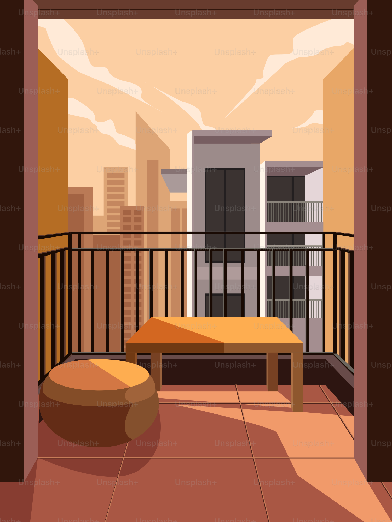 Un balcon avec un banc et une vue sur une ville