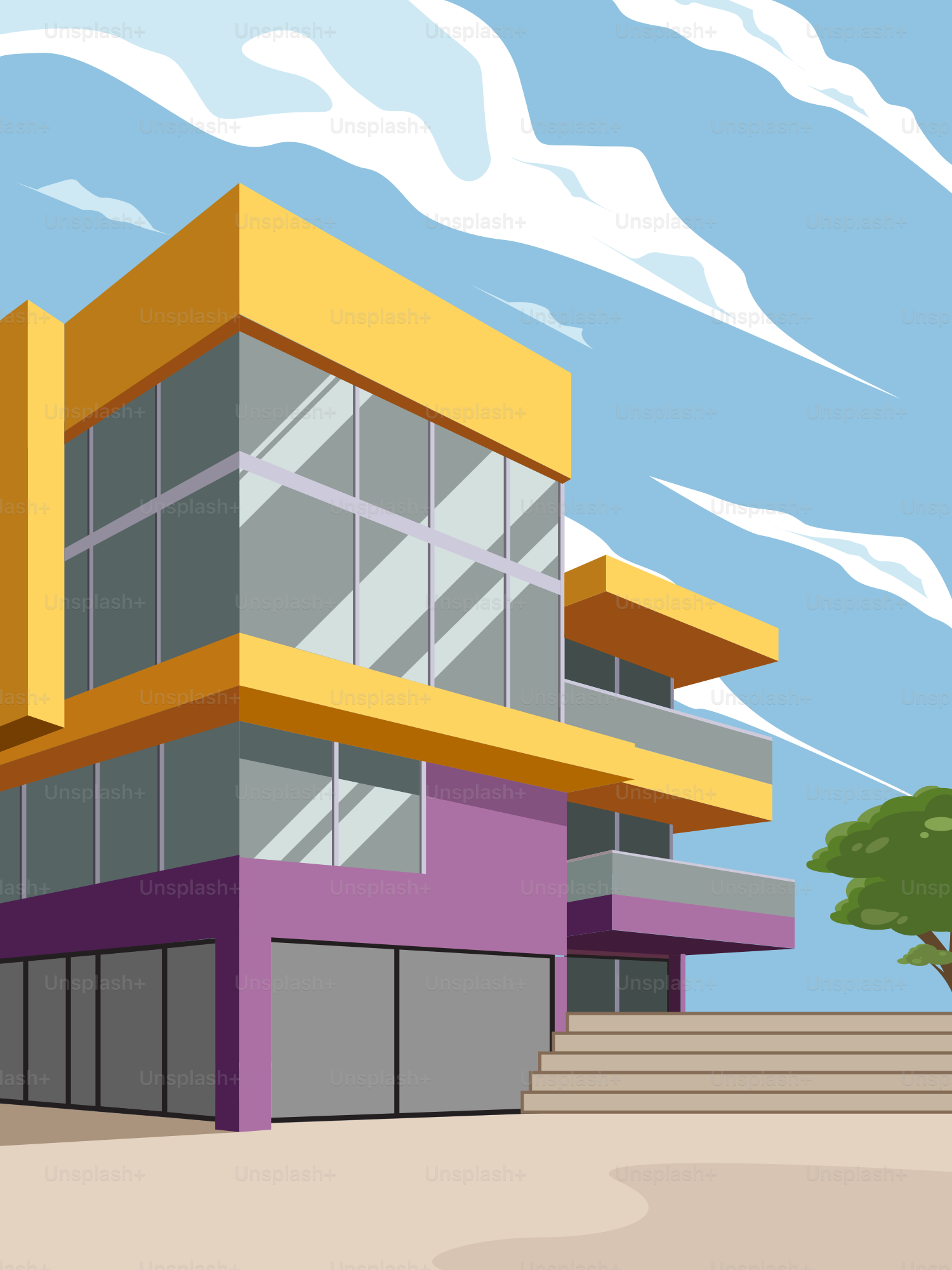 Un cartone animato di un edificio con un albero davanti