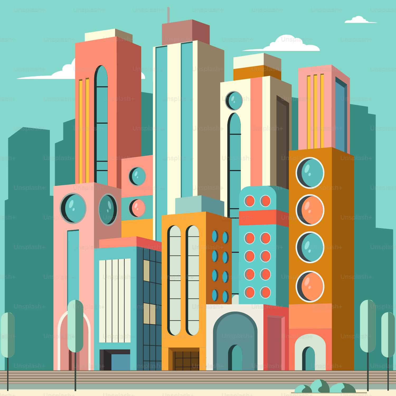 Une ville aux grands immeubles et au ciel en arrière-plan