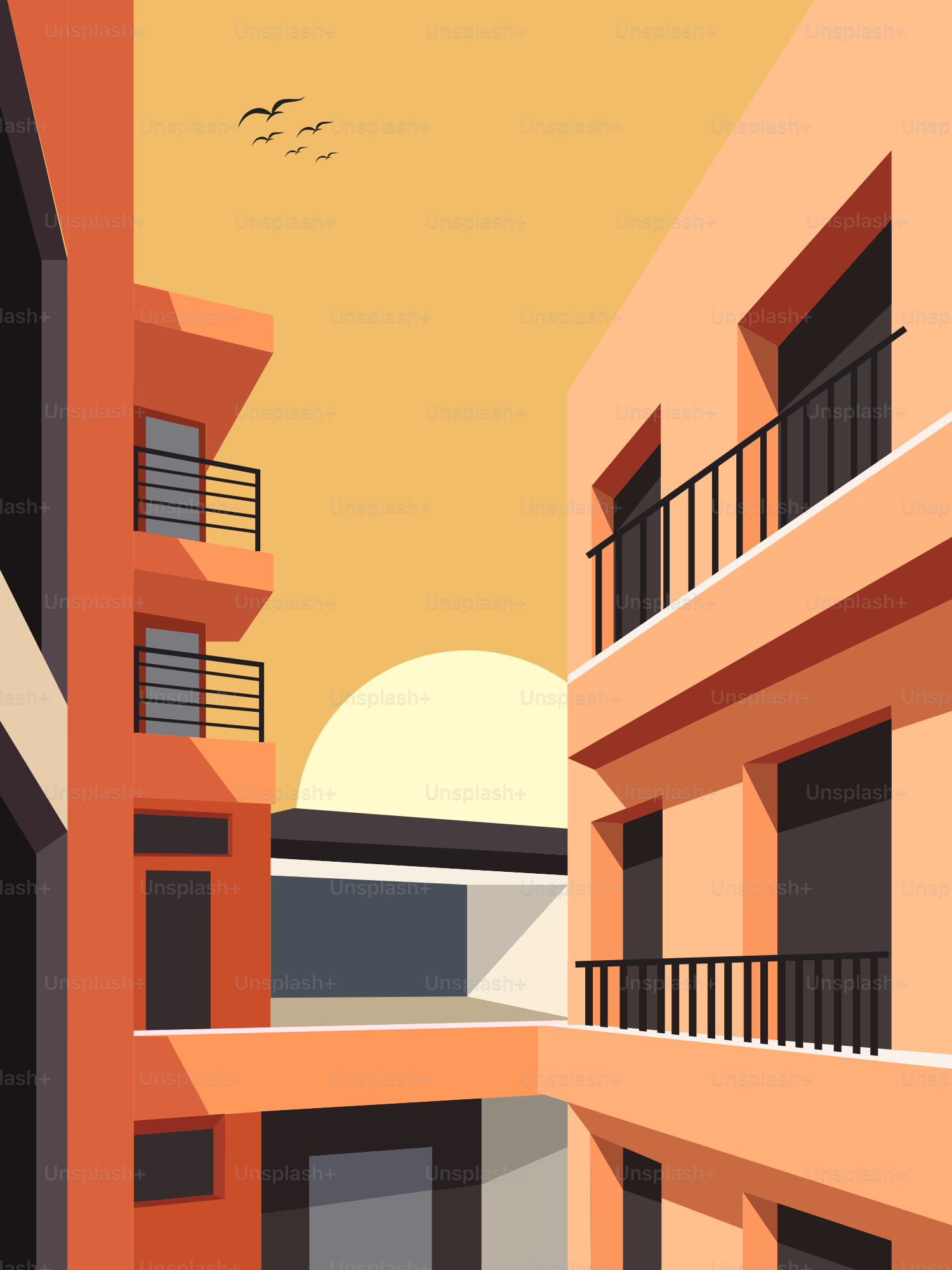 Une peinture d’un bâtiment avec des balcons et des balcons