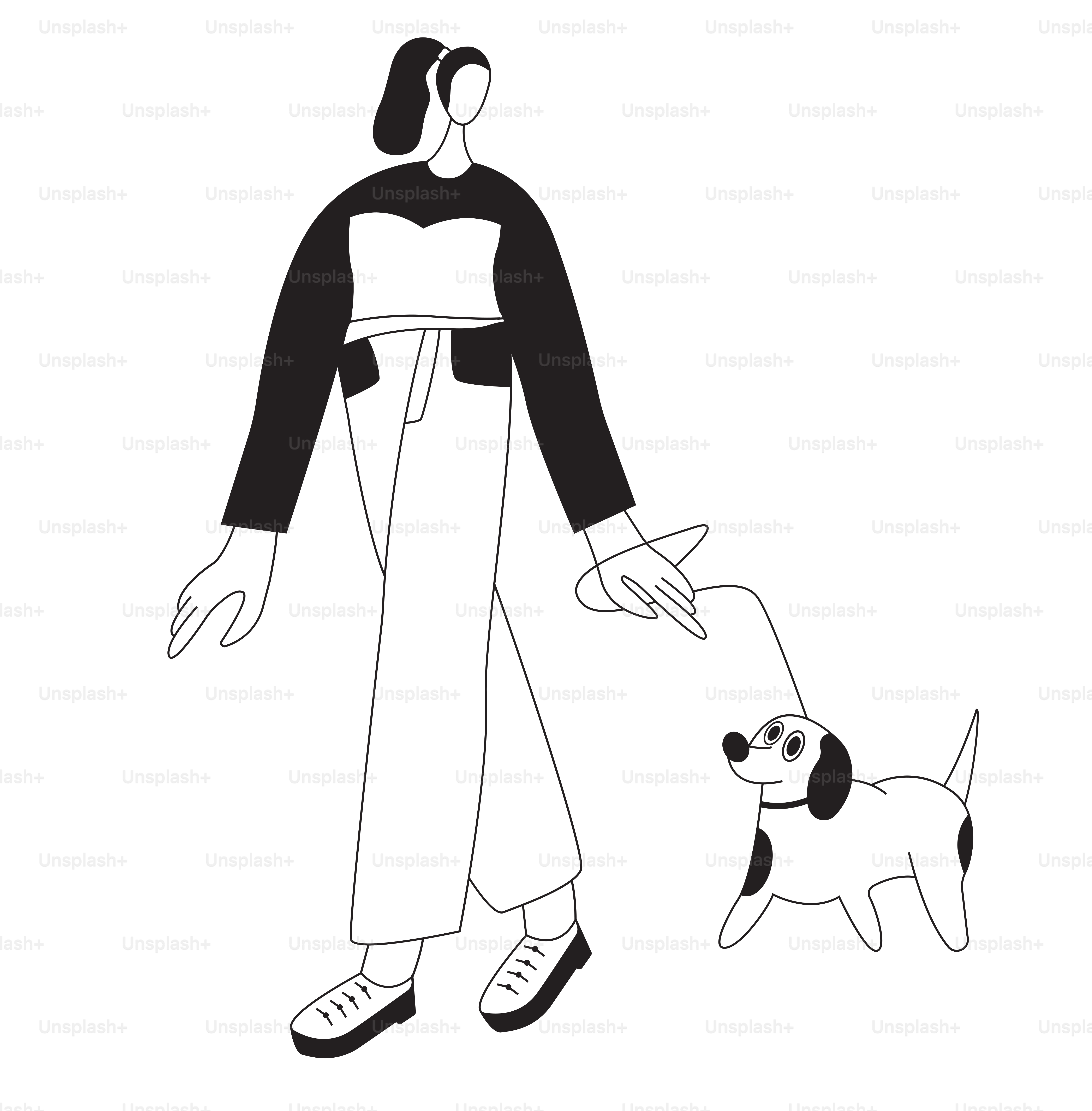 A drawing of a woman walking a dog