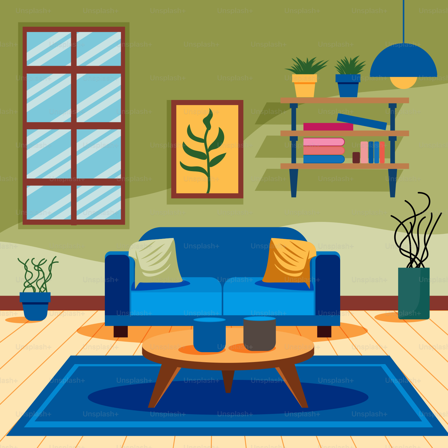 Ein Wohnzimmer mit einem blauen Sofa und einem blauen Teppich