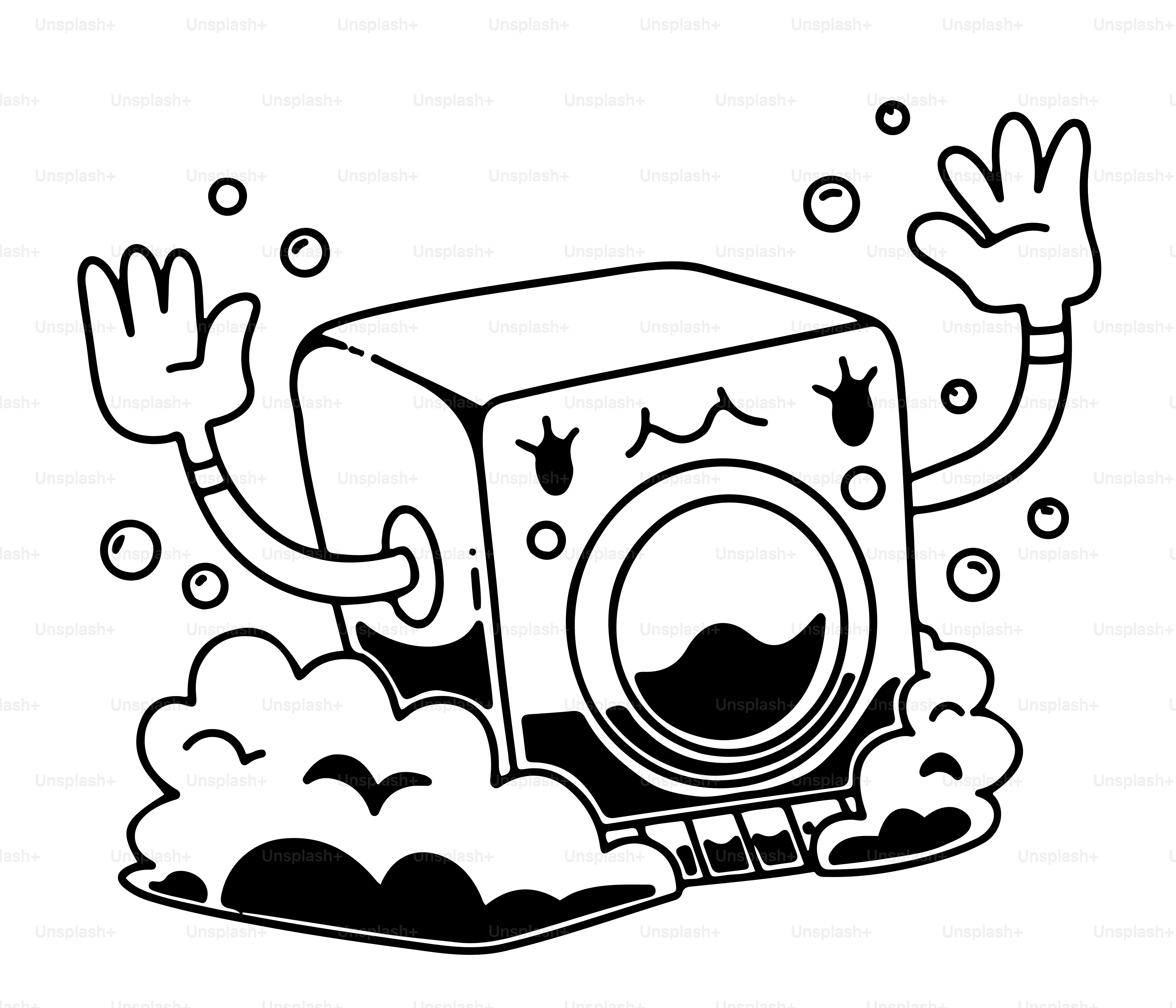 A black and white drawing of a washing machine