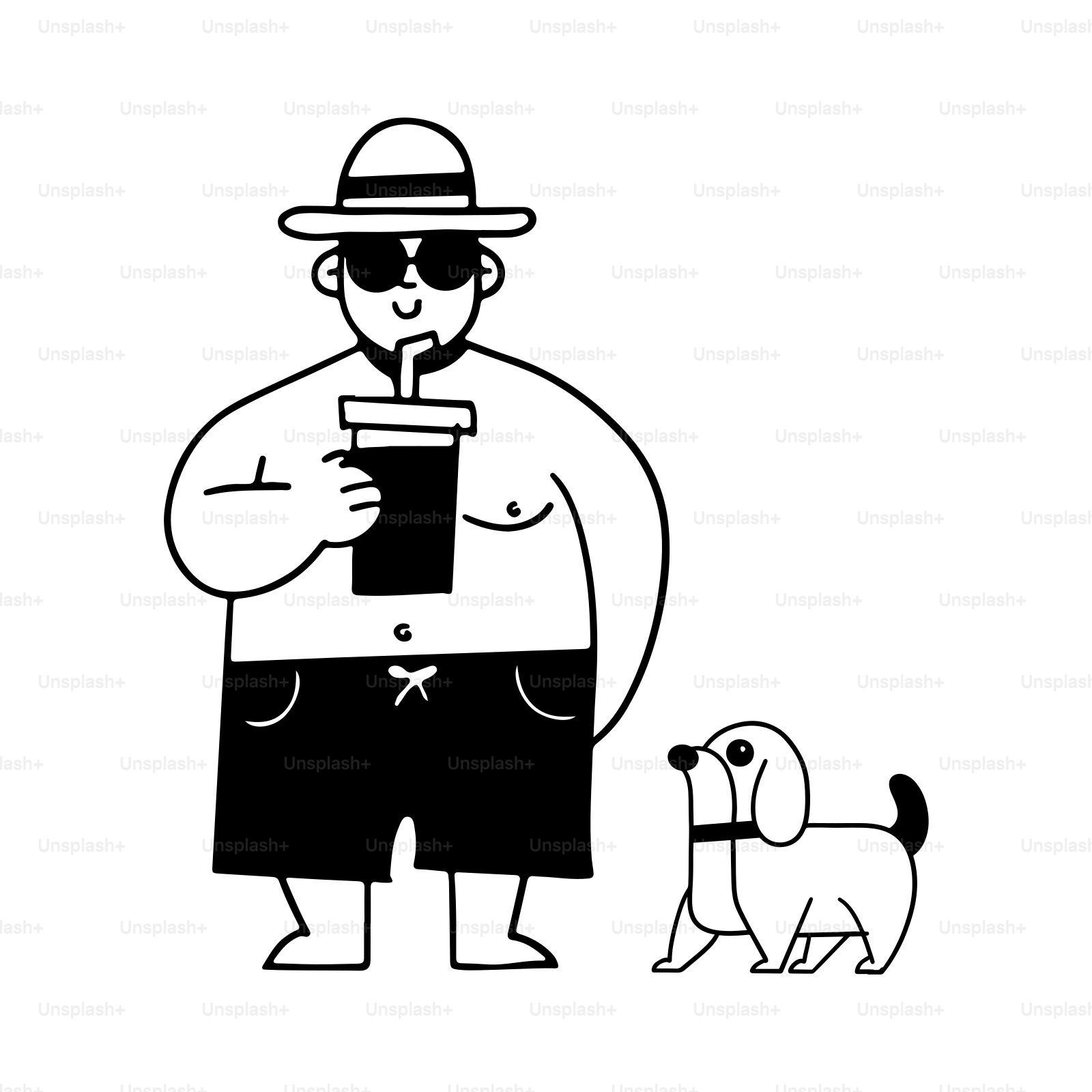 Un dessin d’un homme tenant un verre à côté d’un chien