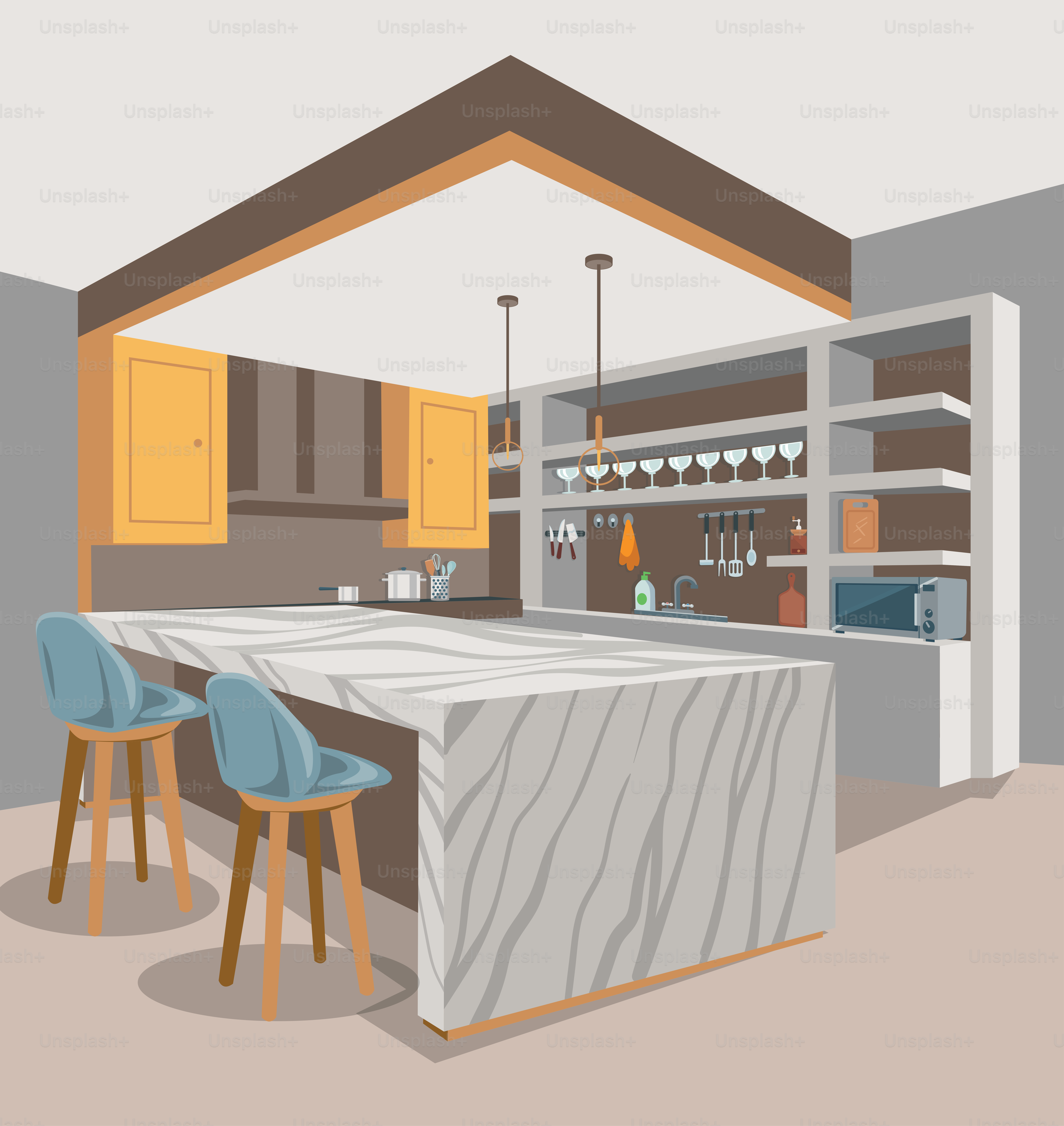 A drawing of a kitchen with a bar and stools