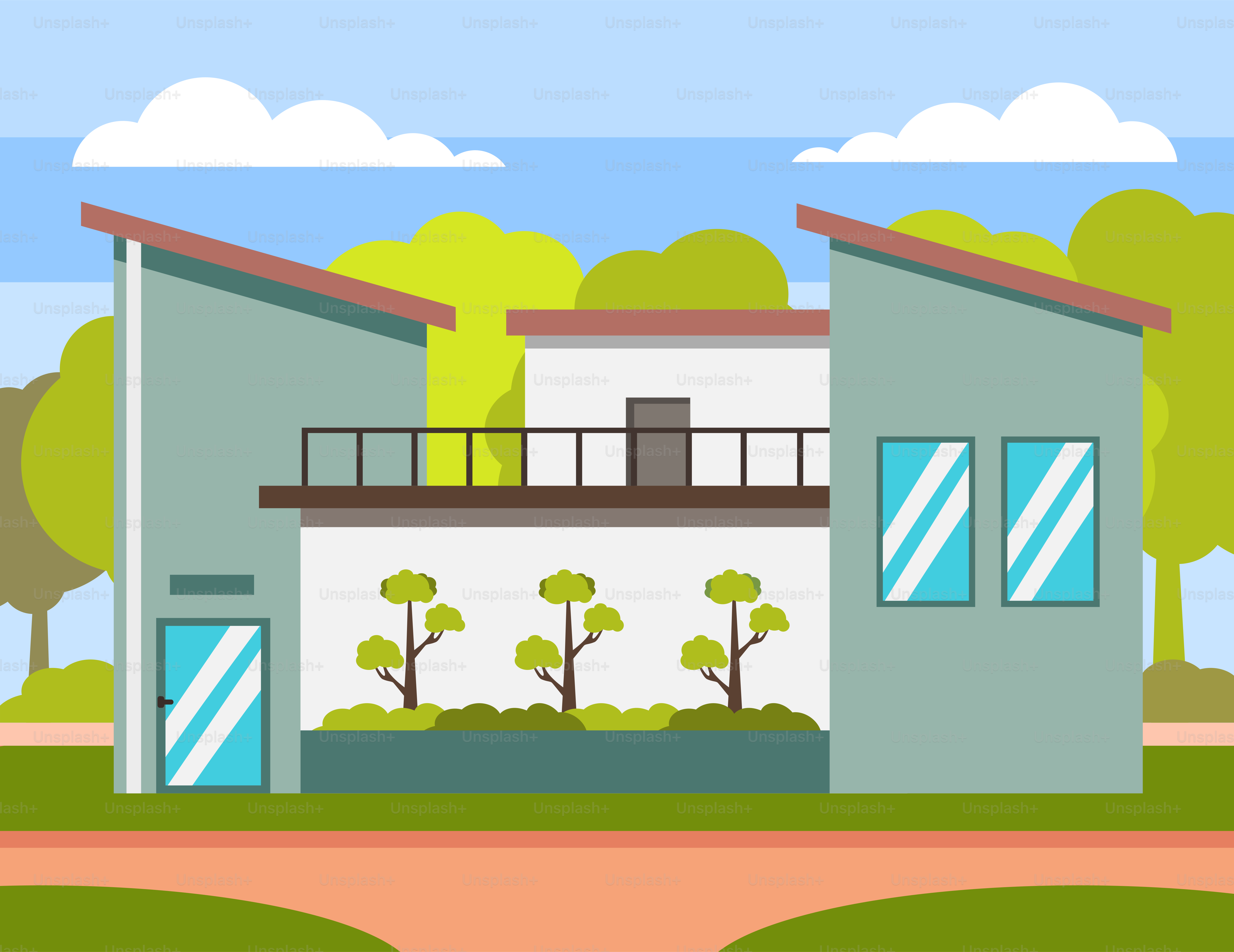 A drawing of a house with trees and bushes