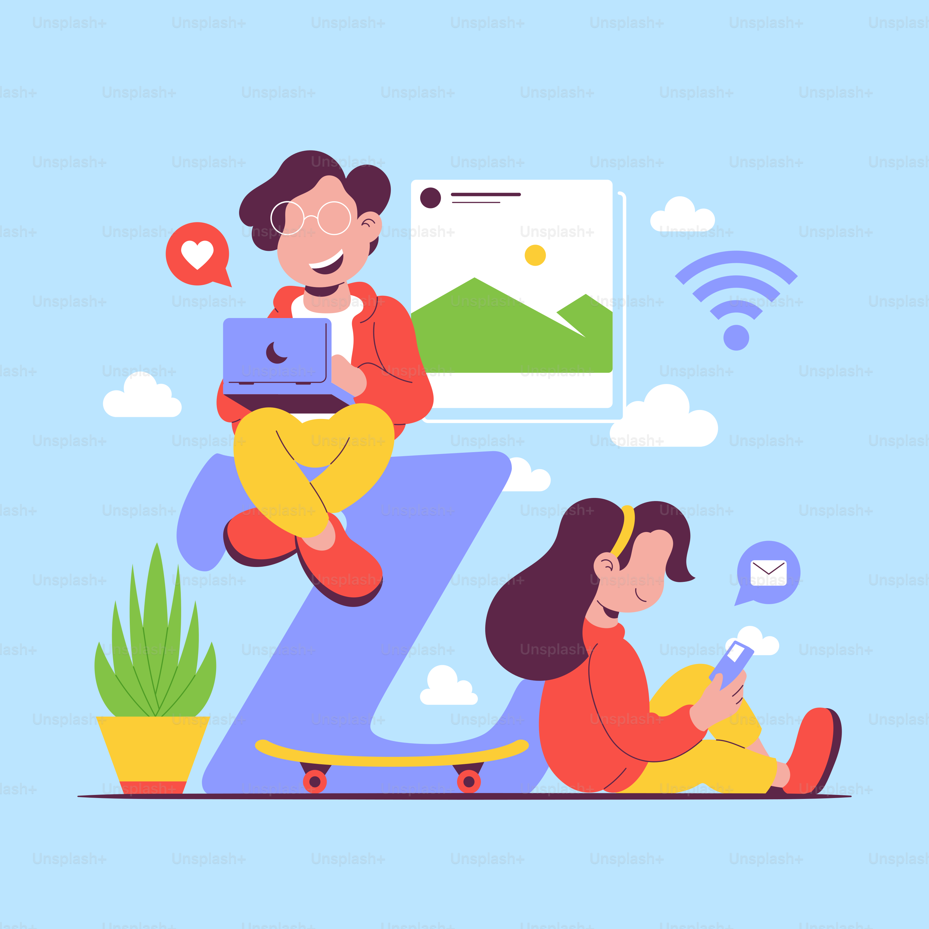 A couple of people sitting on top of a blue background