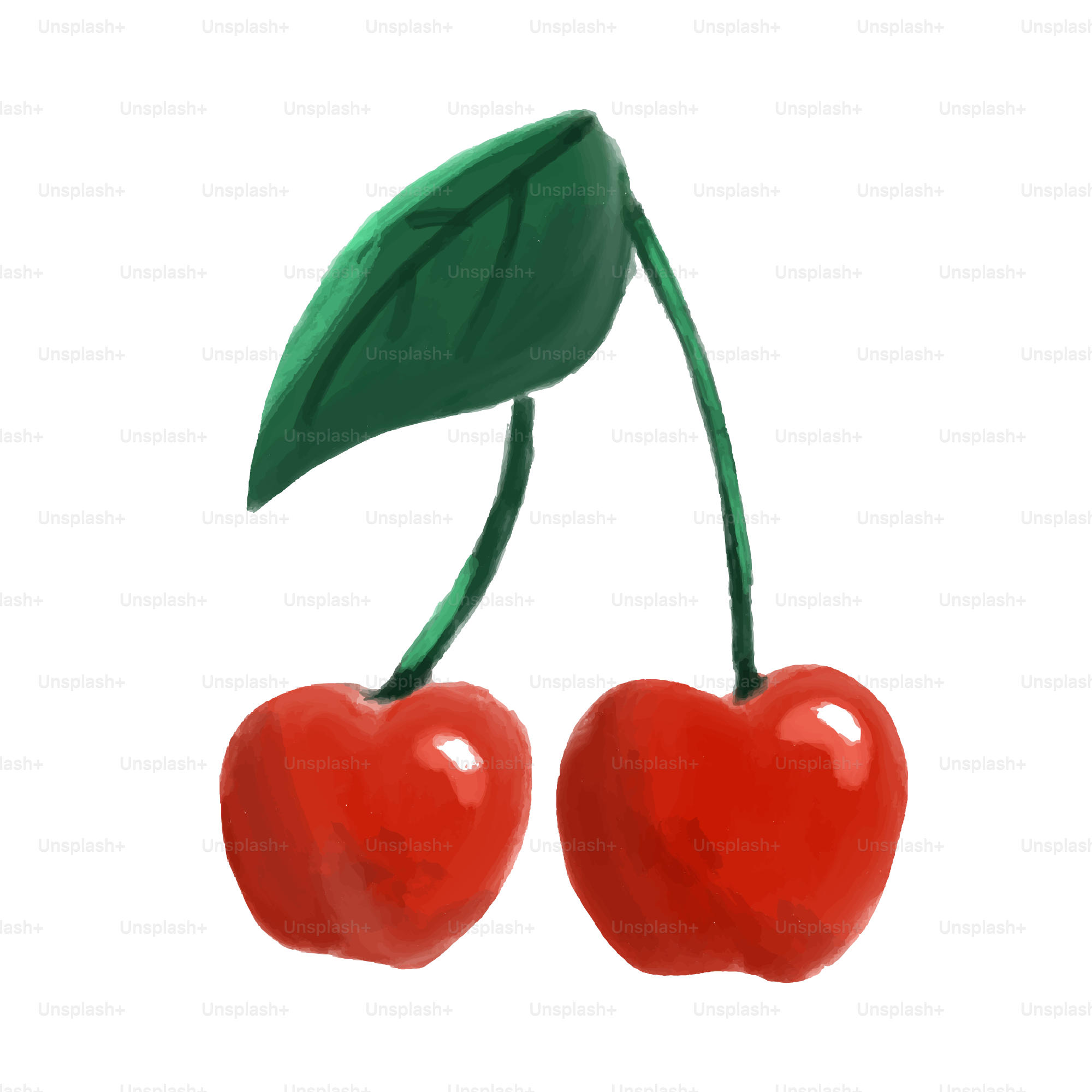 Two cherries with green leaves on a white background