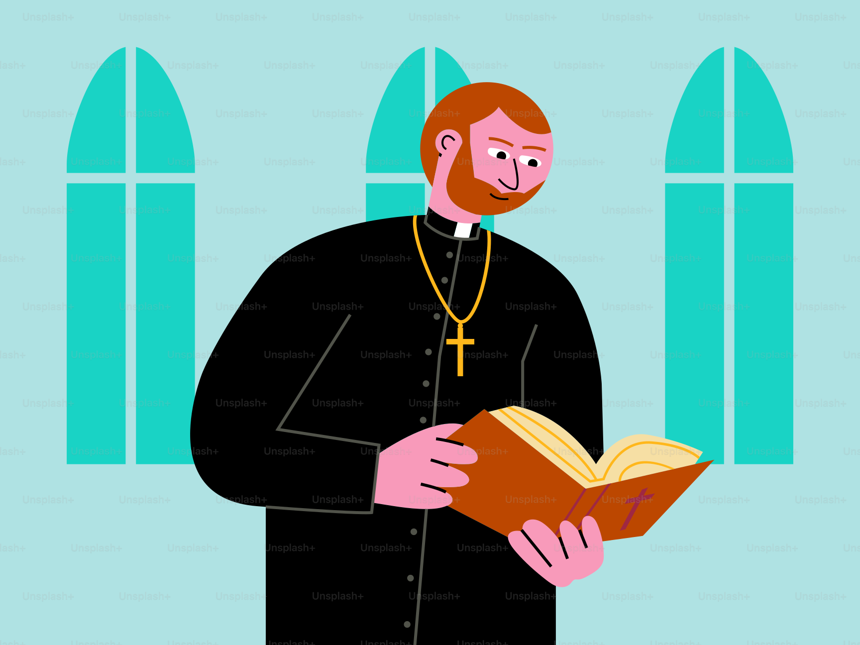 A cartoon of a priest reading a book