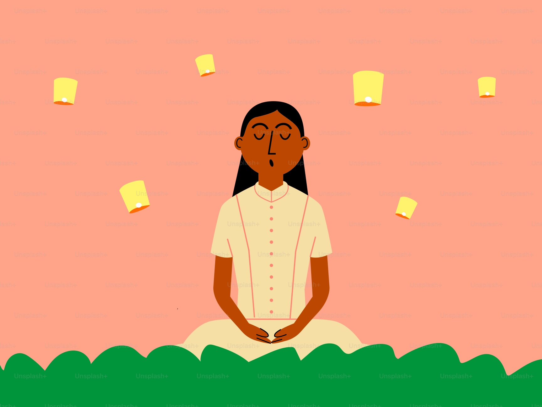 A woman sitting in a lotus position in front of a pink background