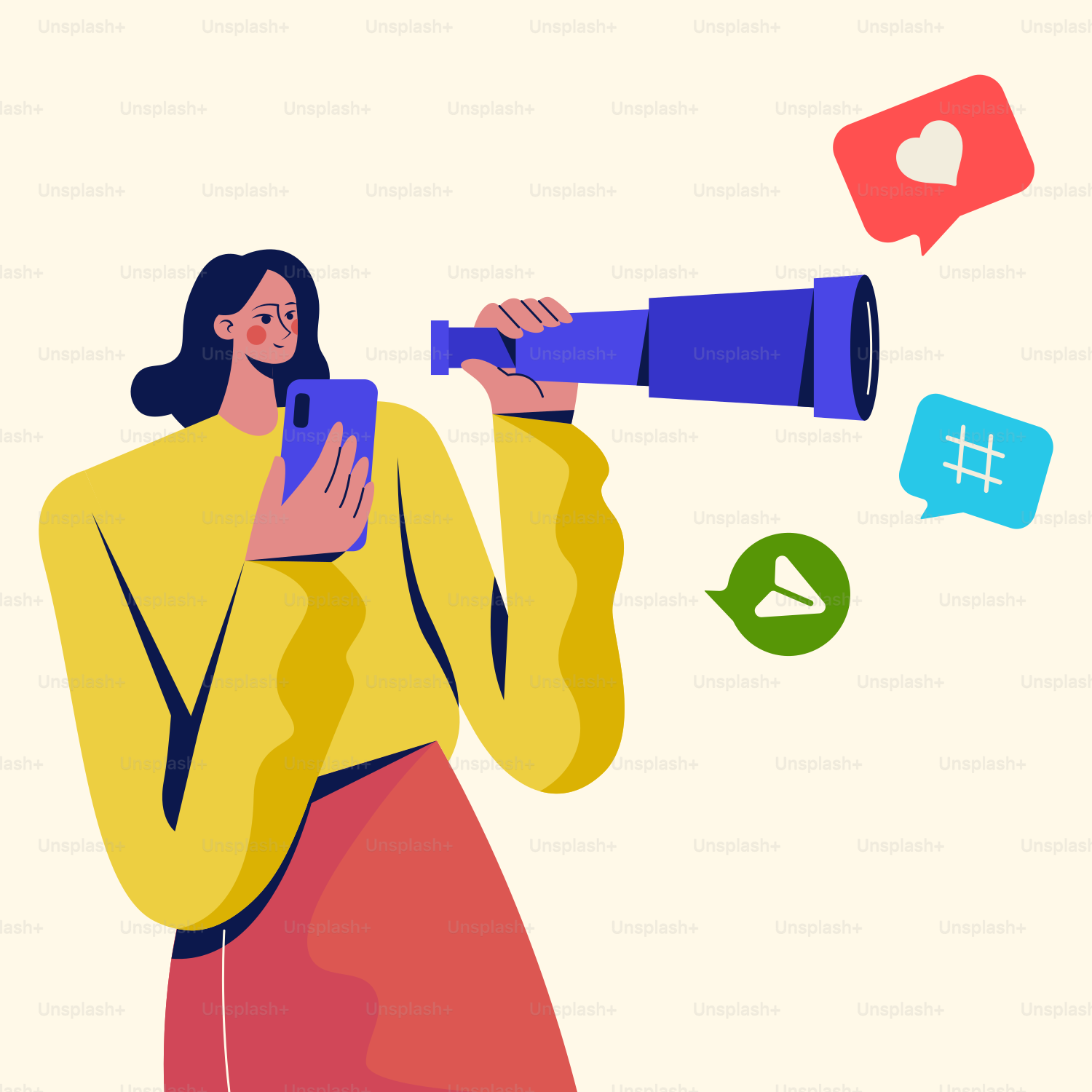 A woman holding a phone and looking through a telescope