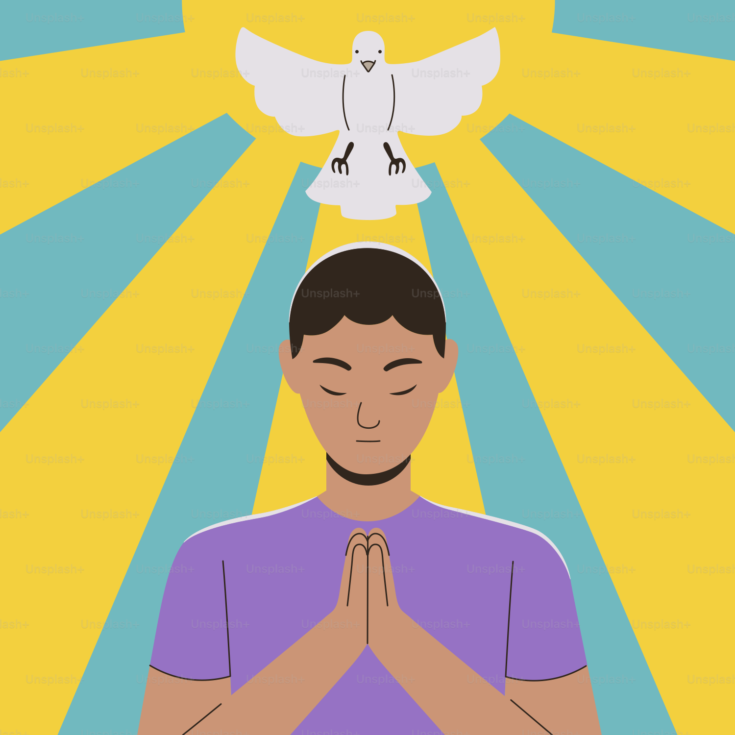 A man in a purple shirt with a dove above his head