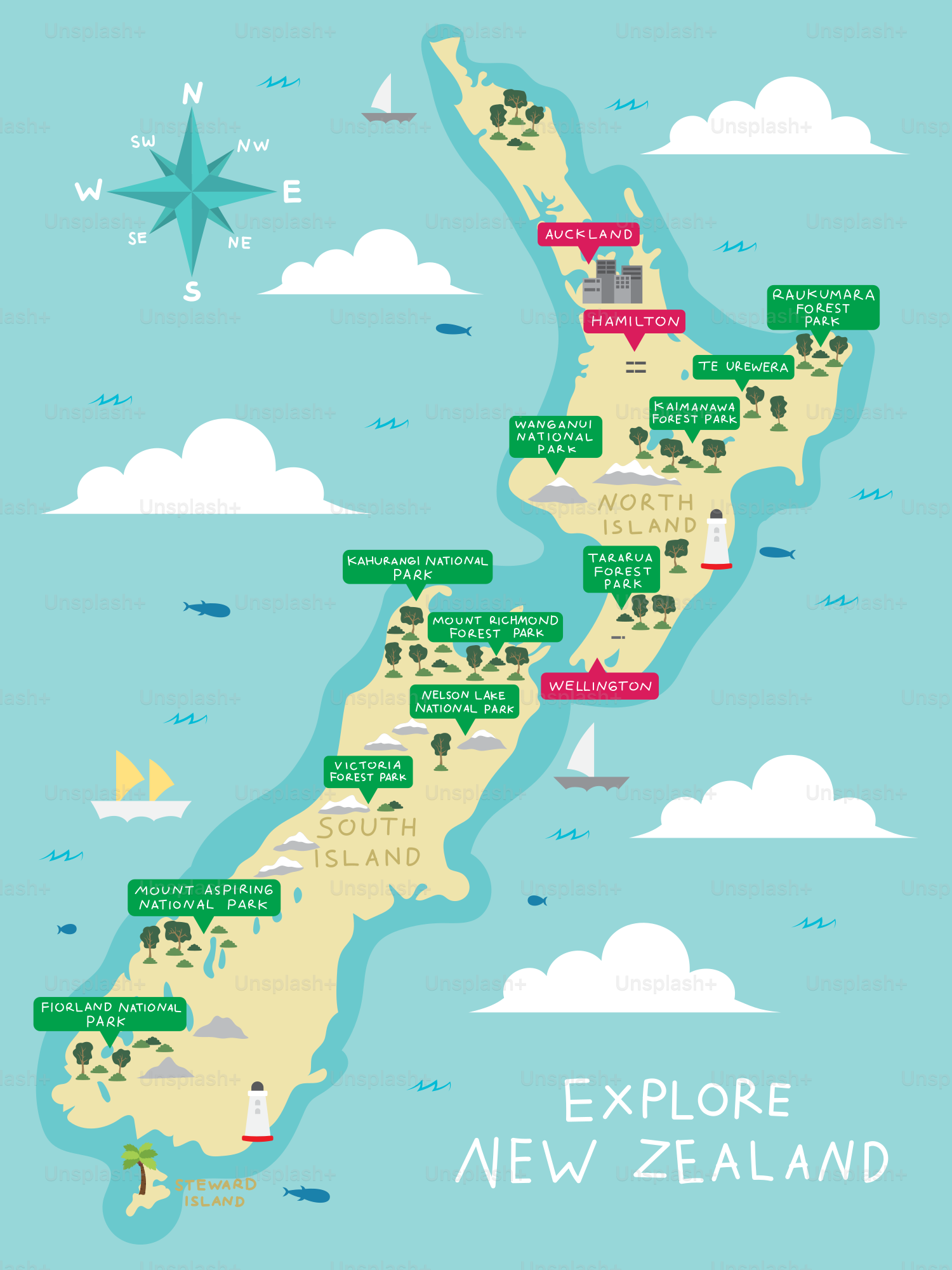 A map of new zealand with a star in the background