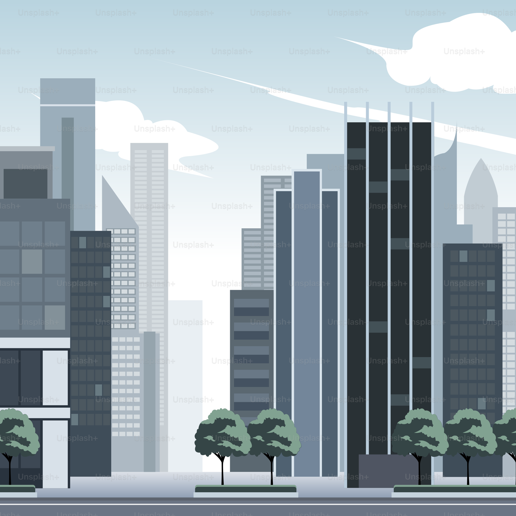 A city with tall buildings and trees in the foreground