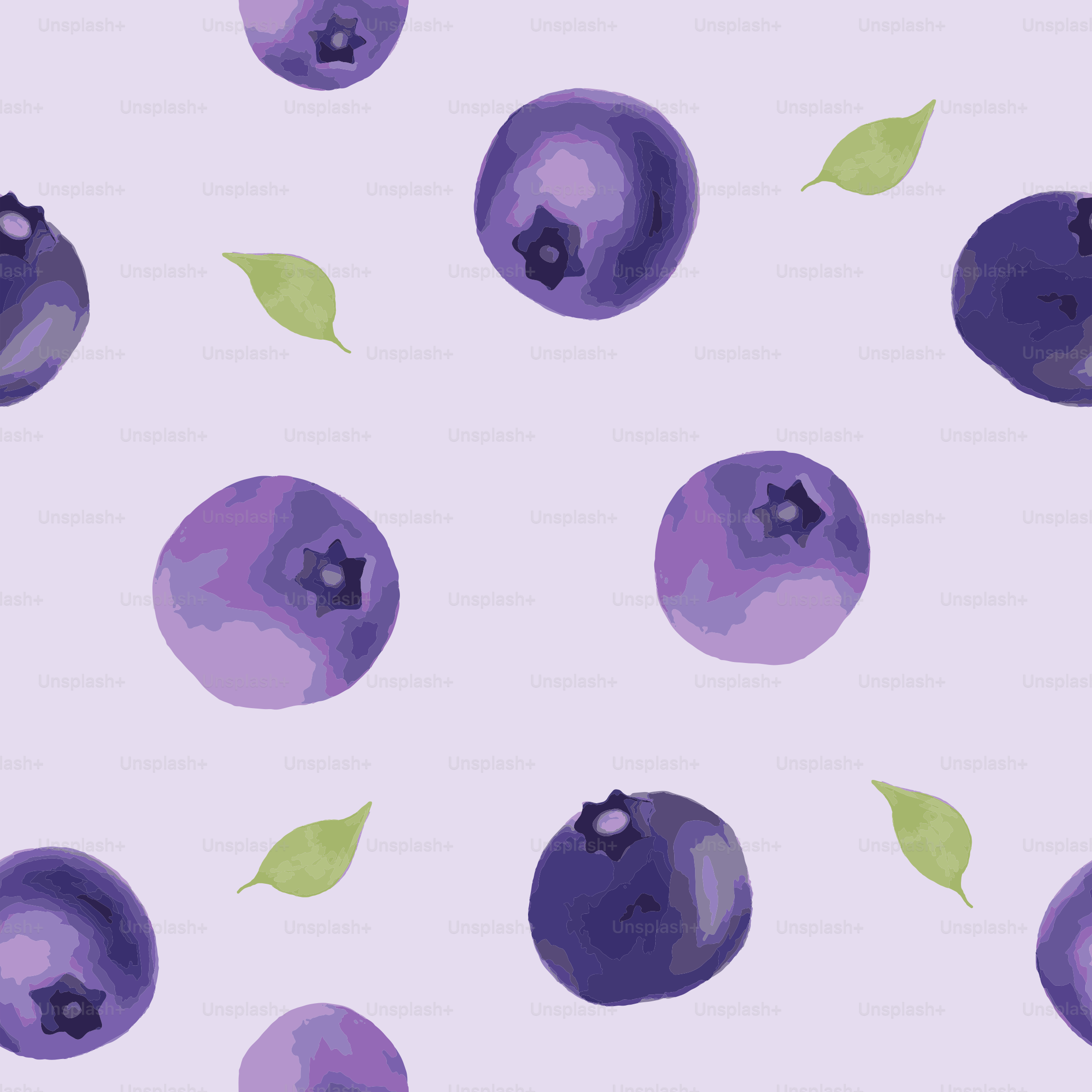 A pattern of blueberries with leaves on a purple background