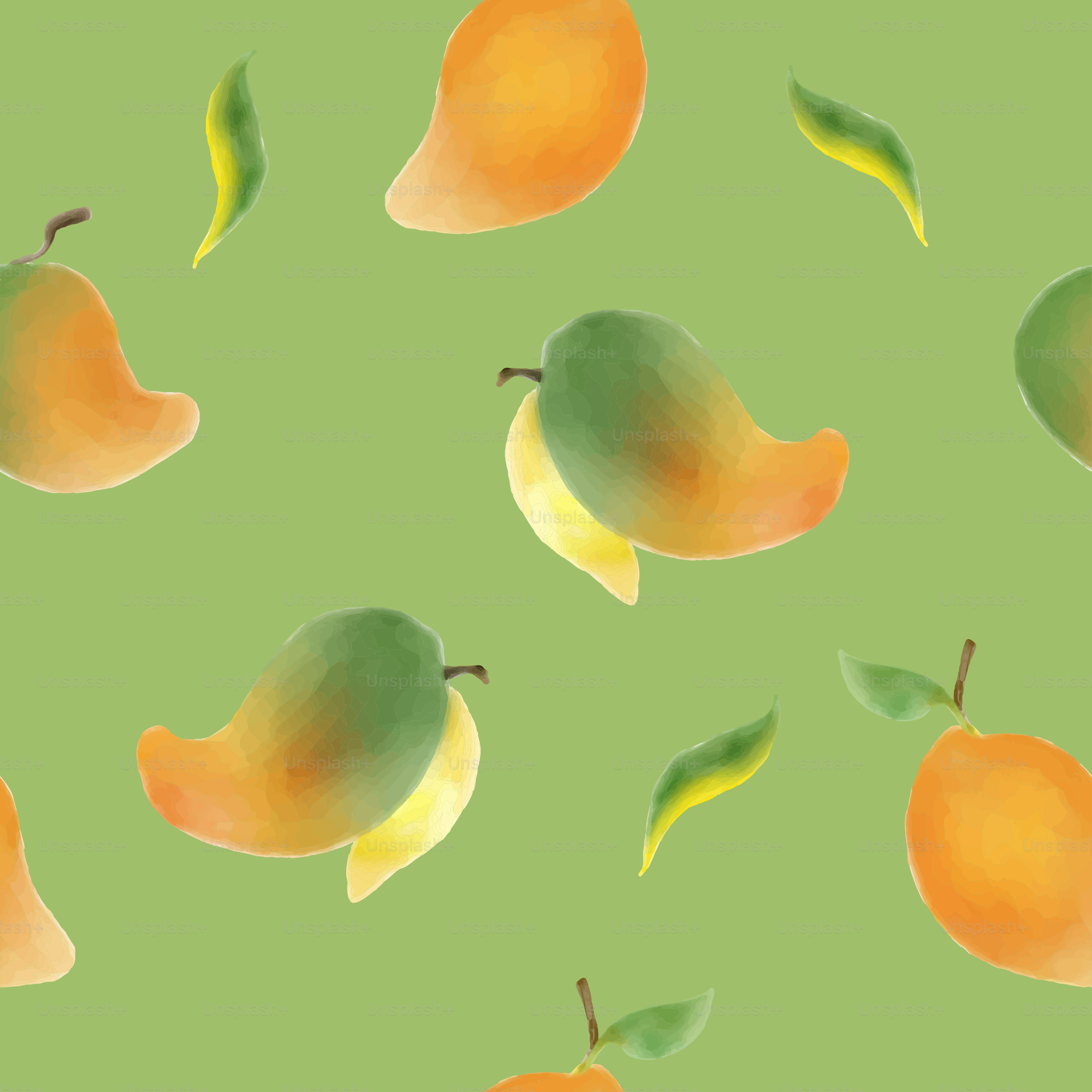 A pattern of oranges and pears on a green background