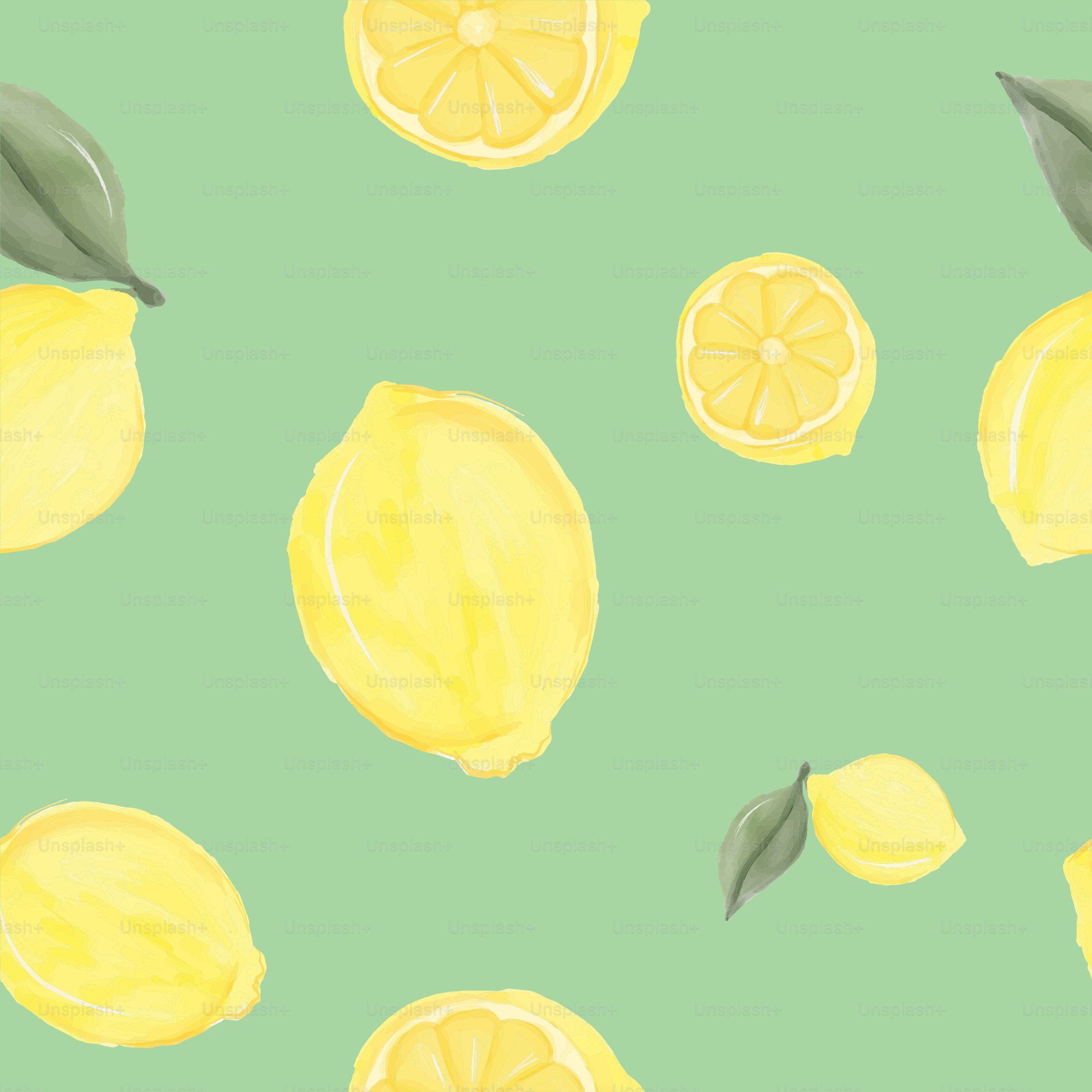 A painting of lemons and leaves on a green background