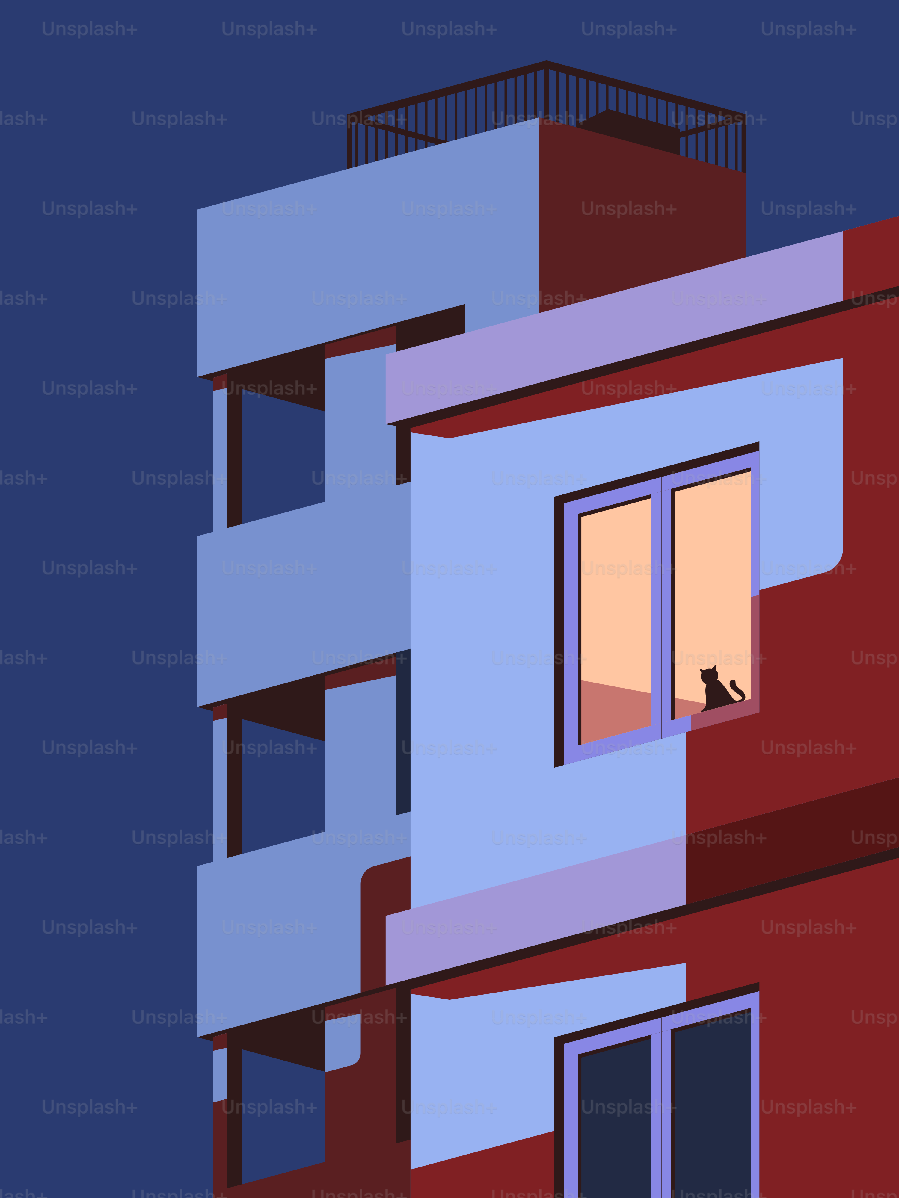 A red and blue building with a bird sitting in the window