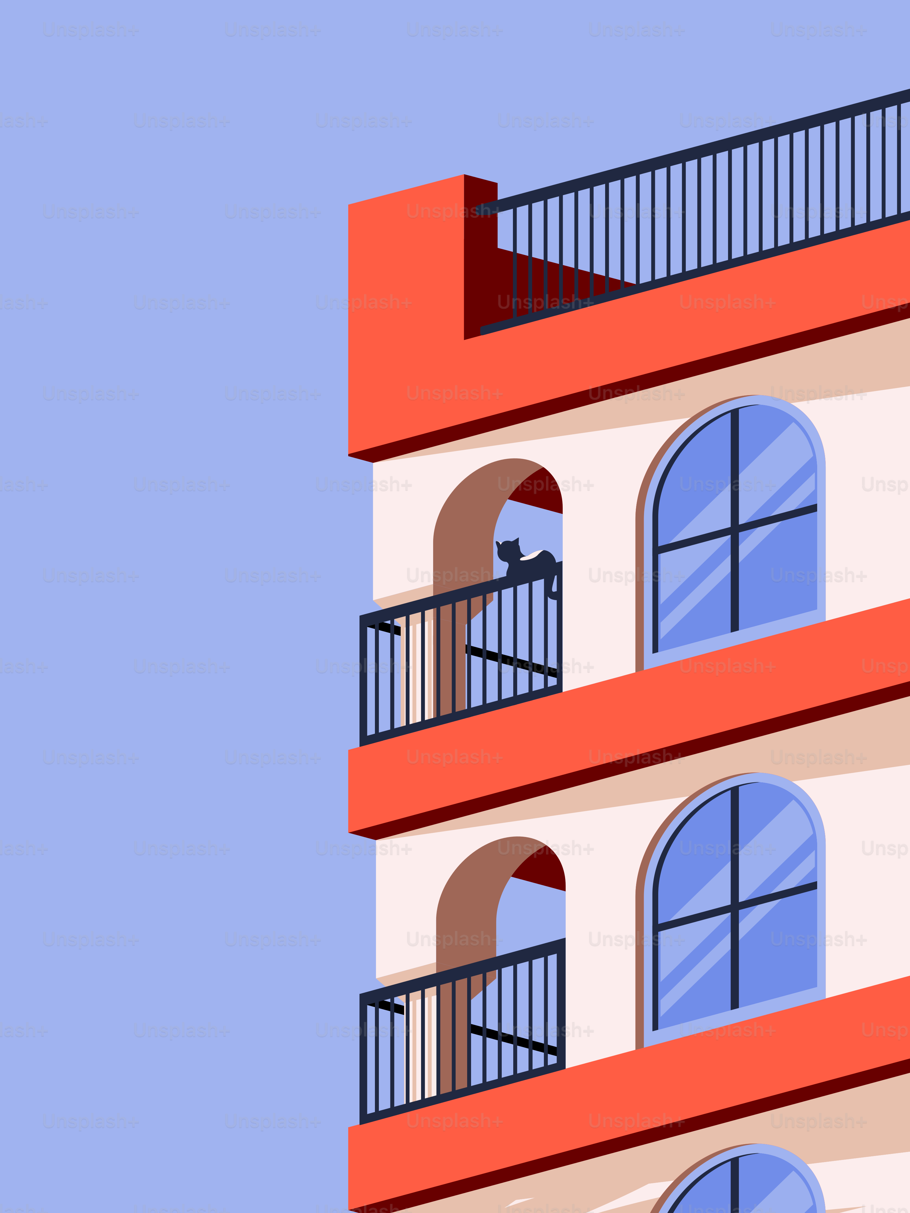 A red and white building with balconies and windows