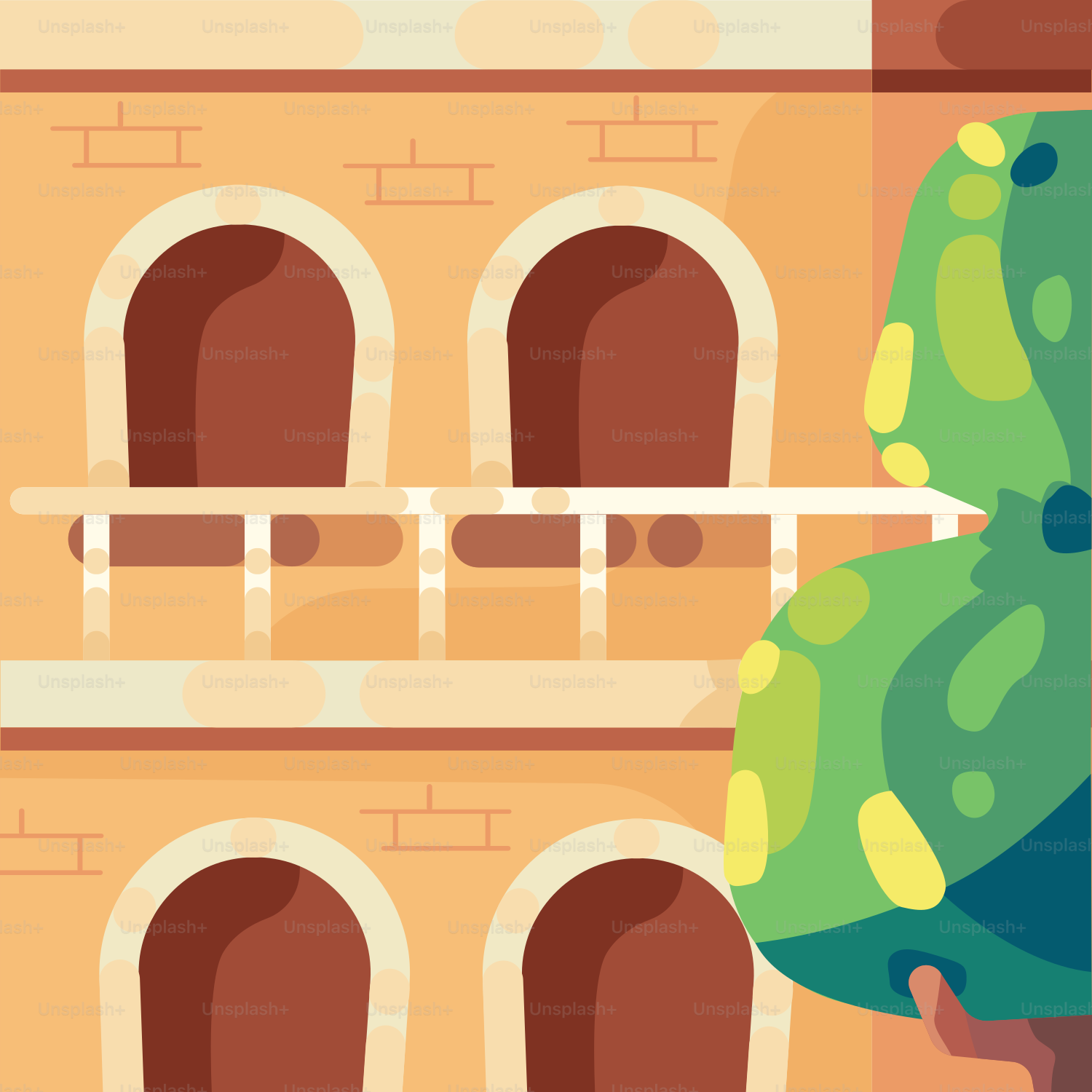 A cartoon of a building with a tree in front of it